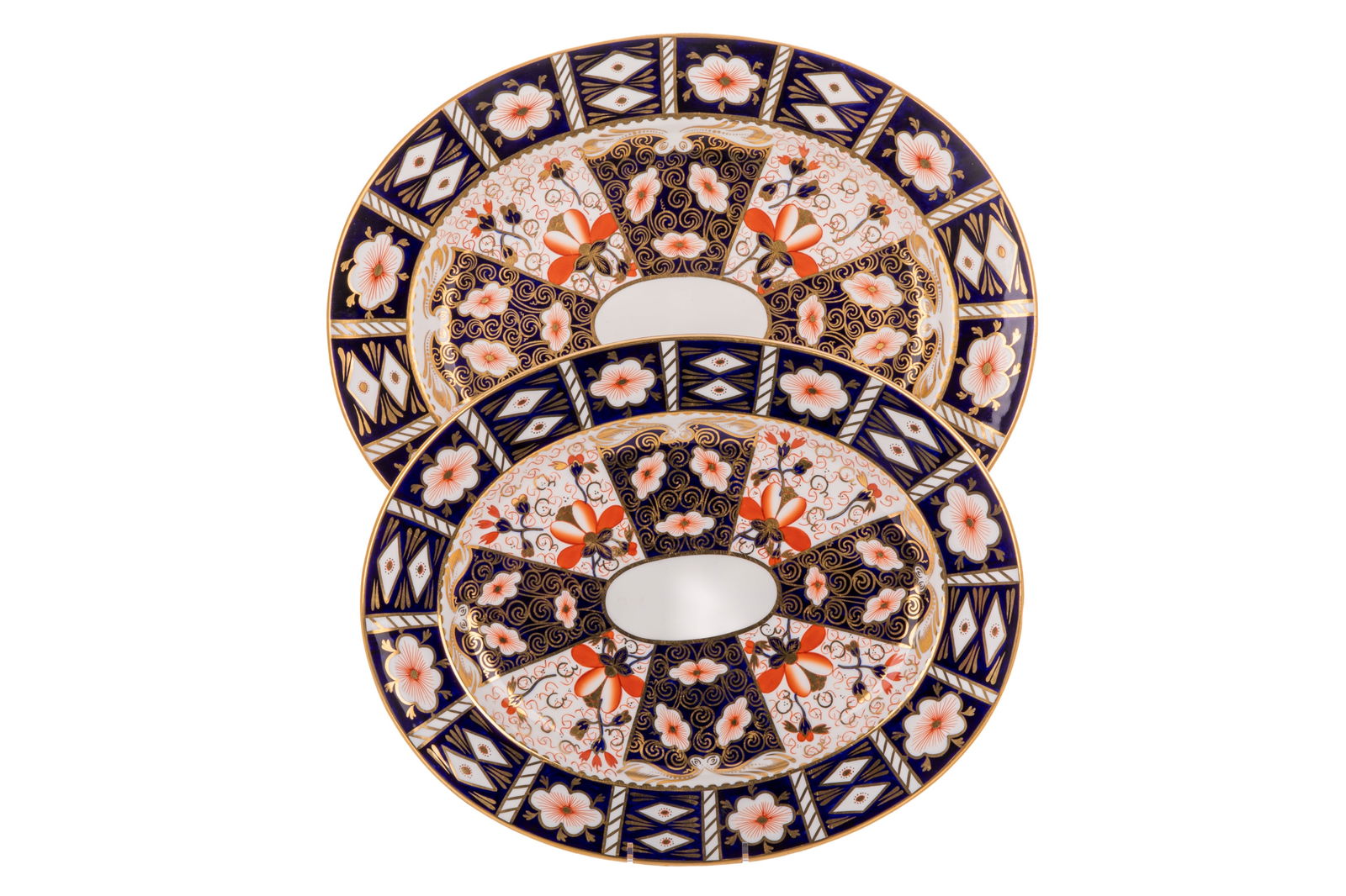 TWO ROYAL CROWN DERBY IMARI PORCELAIN PLATTERS: Pattern 2451, graduated oval serving platters. W of largest 44cm ( 17 1/4in) W of smaller 38cm (38in)