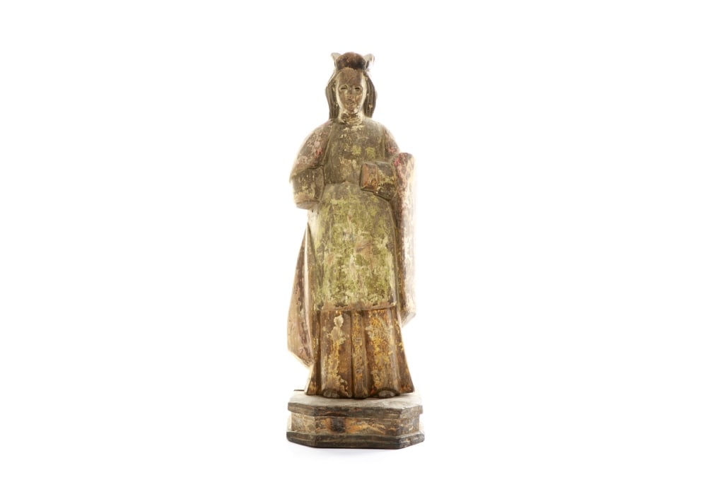 LARGE CARVED POLYCHROME SANTOS FIGURE: Of a standing crowned female religious figure with a red cloak draped over her shoulders. Card attached to smaller figure's back reading: "Made by the early Filipinos converted into Christianity. From