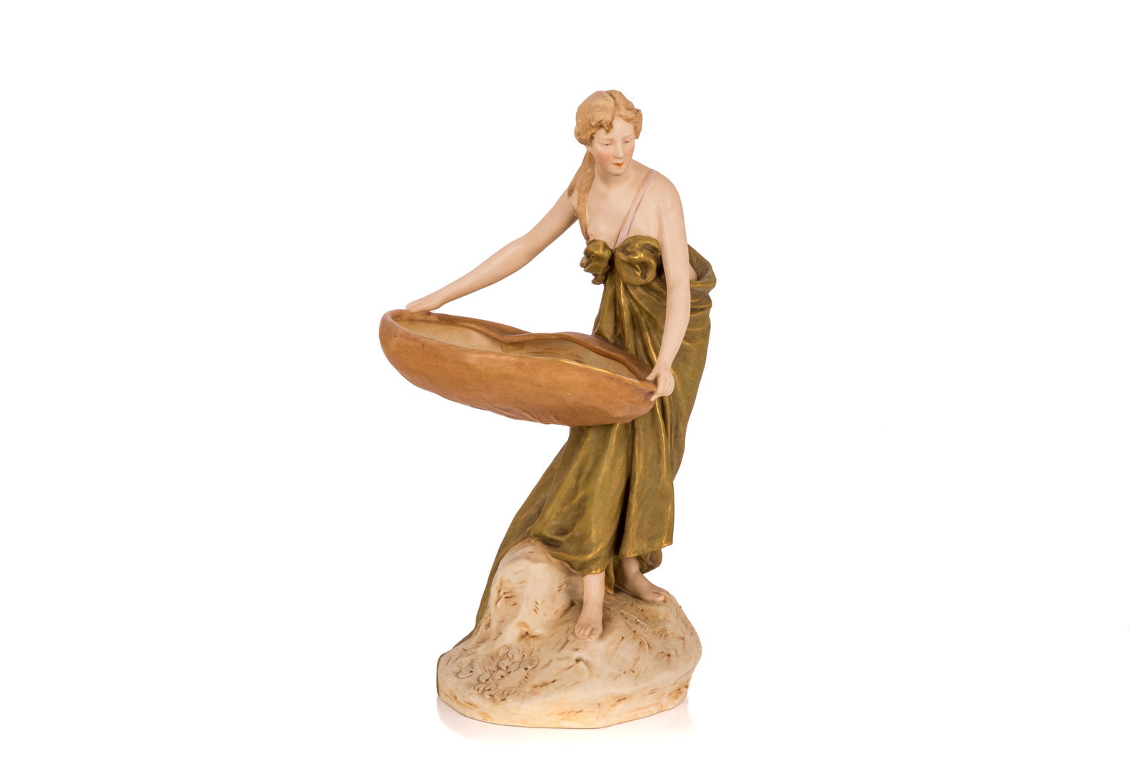 ROYAL DUX ART NOUVEAU FIGURE W/ SHELL BASIN: Of a standing woman in green robe standing, holding a large shell, model no.1128, Royal Dux pink triangle mark, Czech, late 19th / early 20th C. H. 17" x 9" (43cm x 23cm)
