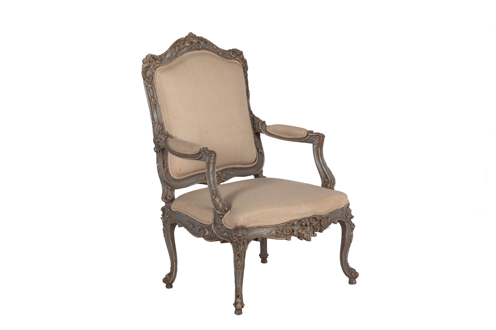 ANTIQUE CARVED & PAINTED WOOD FRENCH ARMCHAIR: With contemporary upholstery. Frame 18th / 19th C. H. 43" x W. 27" x D. 22"