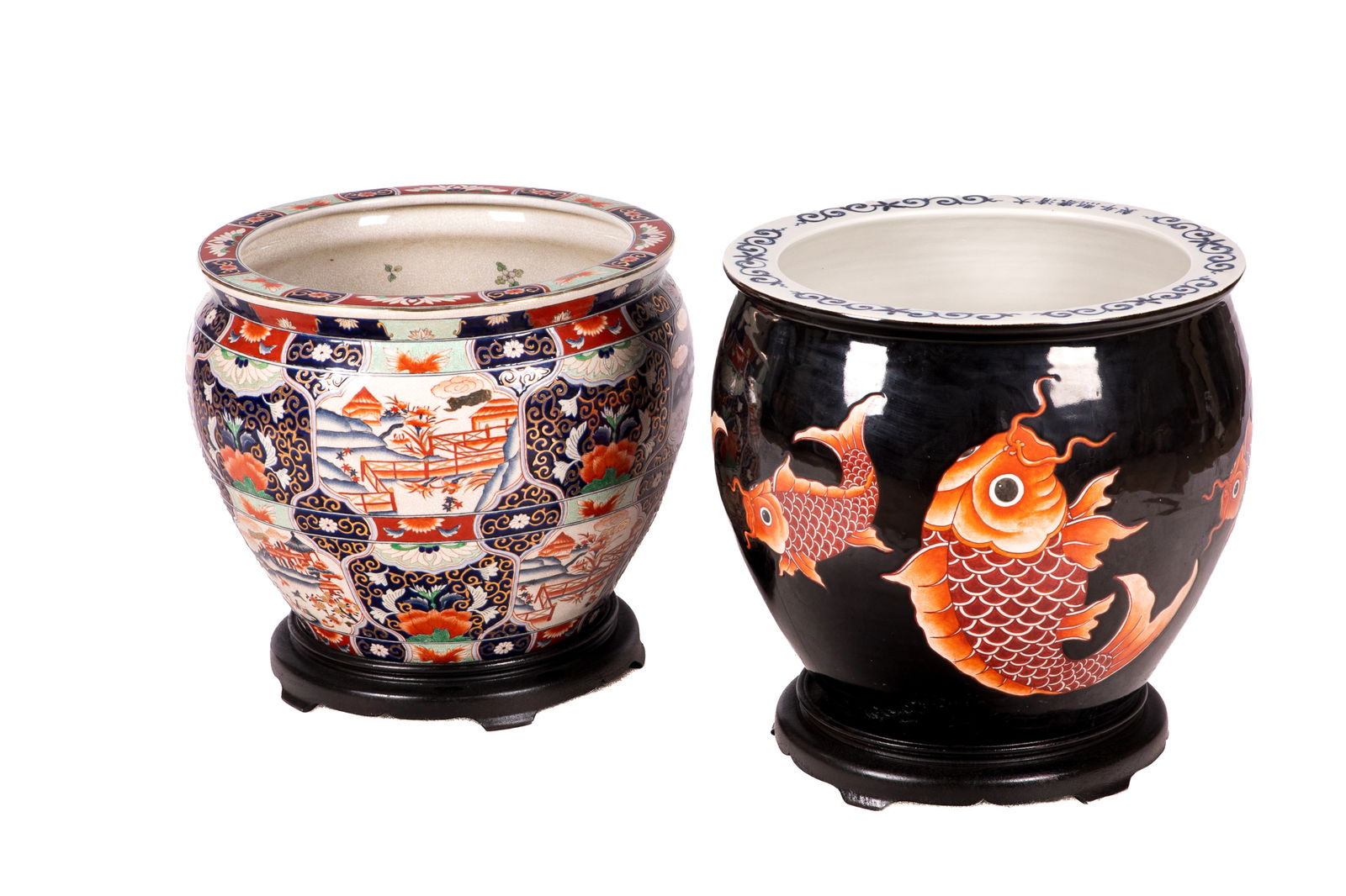 TWO DECORATIVE PORCELAIN JARDINERES: In Imari type and black glazed with coy fish. Largest H. 17in x Dia. 18 1/2in