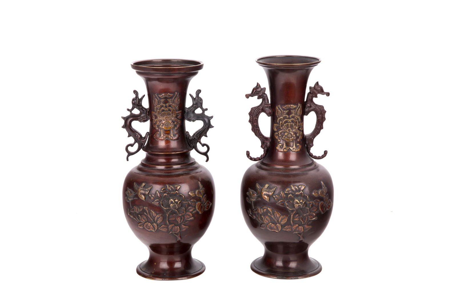 PAIR OF JAPANESE BRONZE VASES: With decoration floral motif and dragon handles, probably Meiji, late 19th / early 20th C.