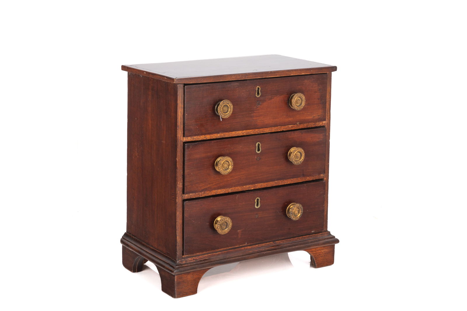 19th C MINIATURE THREE DRAWER CHEST: In the English 19th C manner and period. H 11" x W 12" x D 6 1/2"