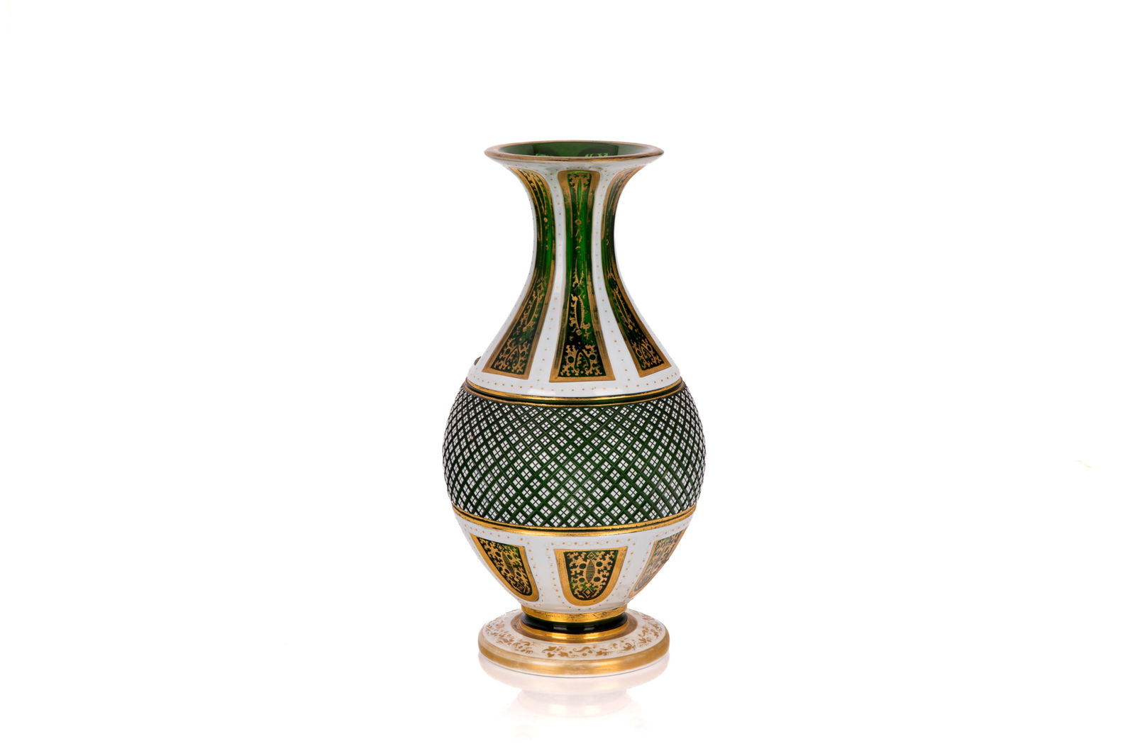 BOHEMIAN GREEN GLASS & ENAMELLED VASE: Green glass vase with cased white enamel and gilding, late 19th C. H. 10 1/4" (26cm)
