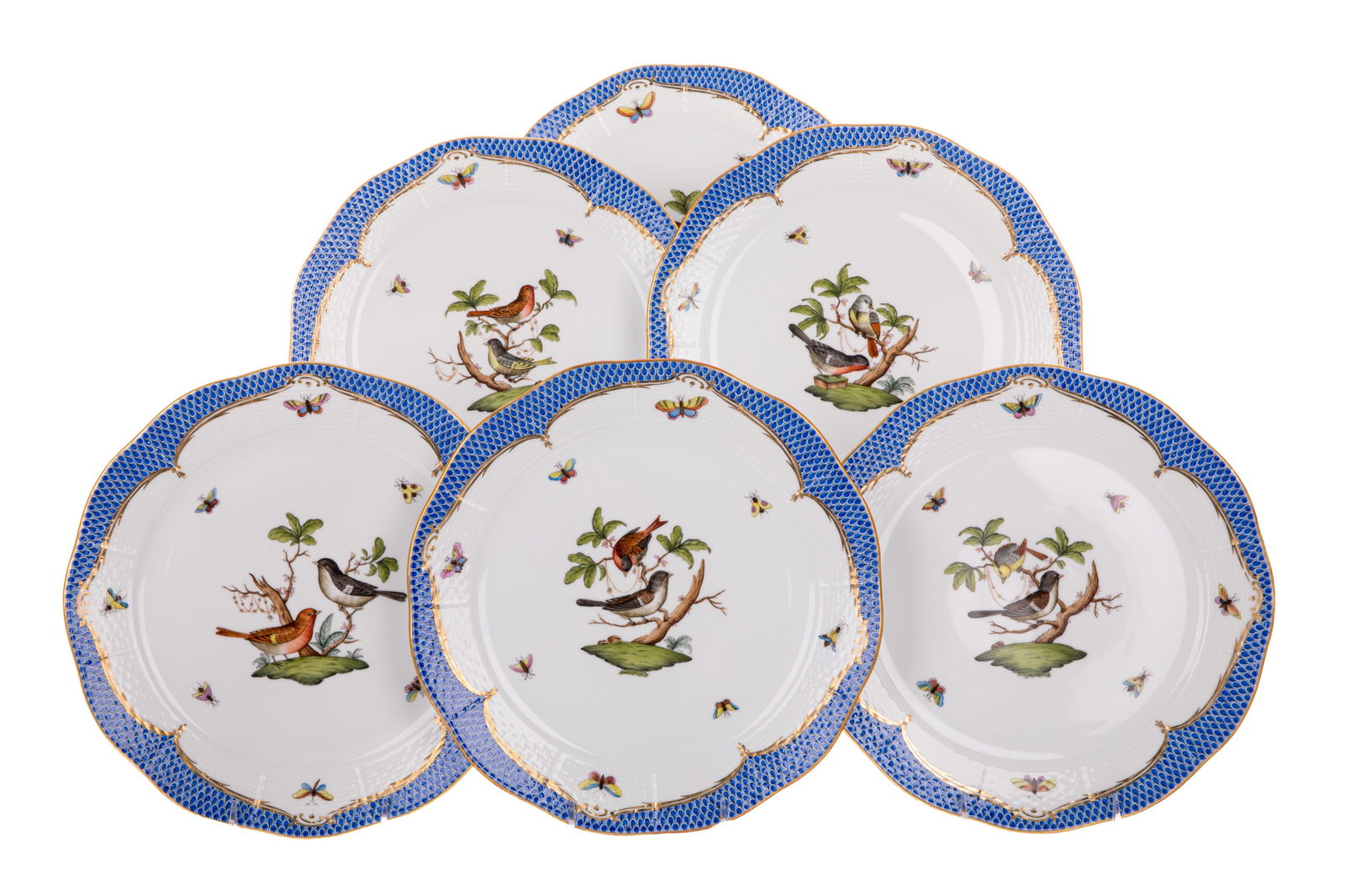 SIX HEREND ROTHSCHILD BIRD BLUE FISH SCALE PLATES: Dia 30cm (11 3/4in)