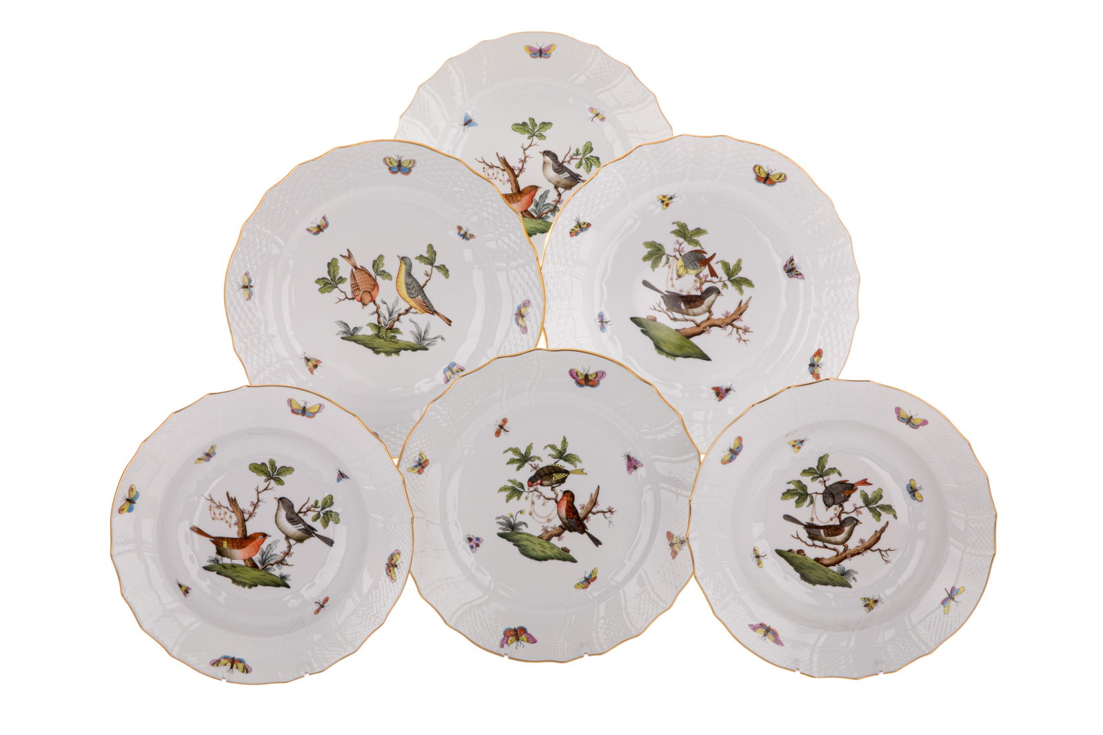 14 PC HEREND ROTHSCHILD BIRD PORCELAIN DINNERWARE: Four large dinner plates 27.5cm (10 3/4in) Six regular dinner plates 26cm (10 1/4in) Four rim soup bowls 26cm (9 1/2in)