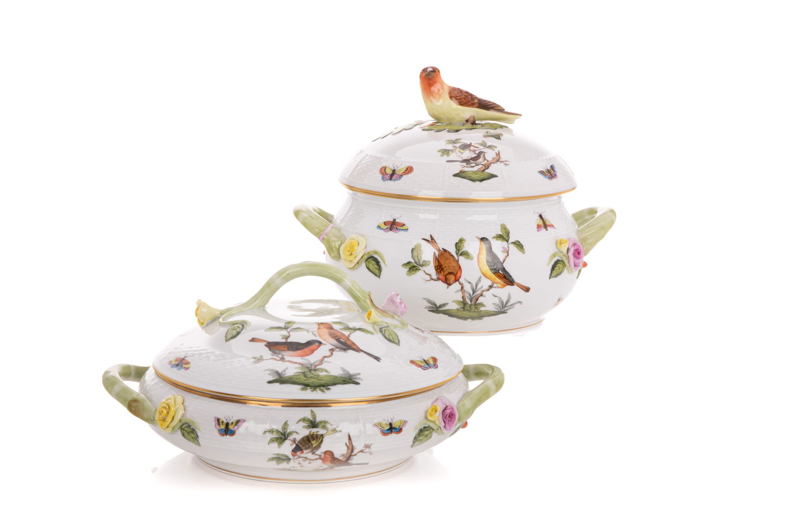 TWO HEREND ROTHSCHILD BIRD PORCELAIN TUREENS: Tall with bird finial and low with applied floral sprays. H of bird tureen 20cm (8in) W to handles 27cm (10 3/4in)