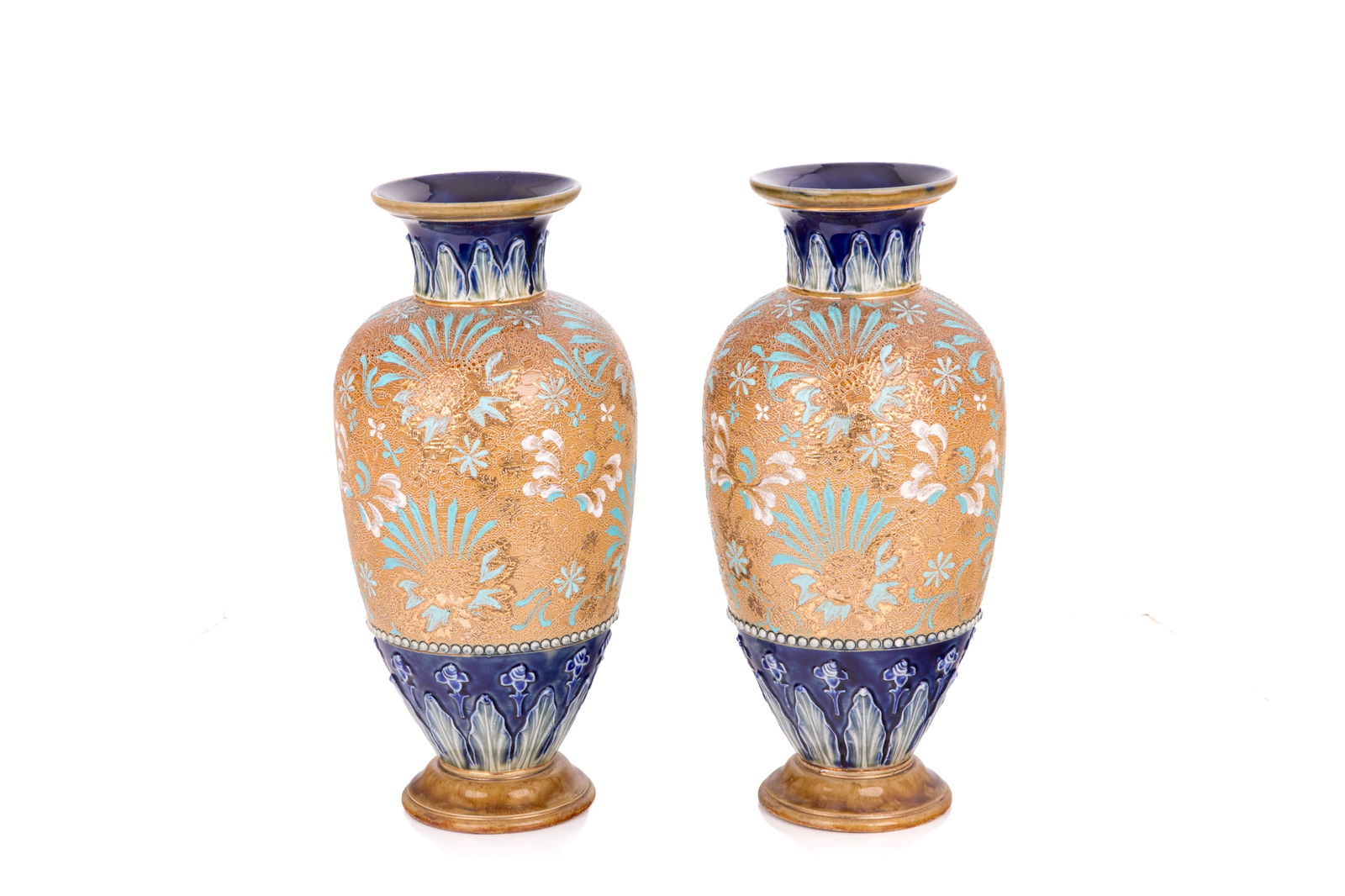 PAIR OF DOULTON BURLSEM STONEWARE VASES: Chine gilt decoration with cobalt rims and base. English, 19th C.