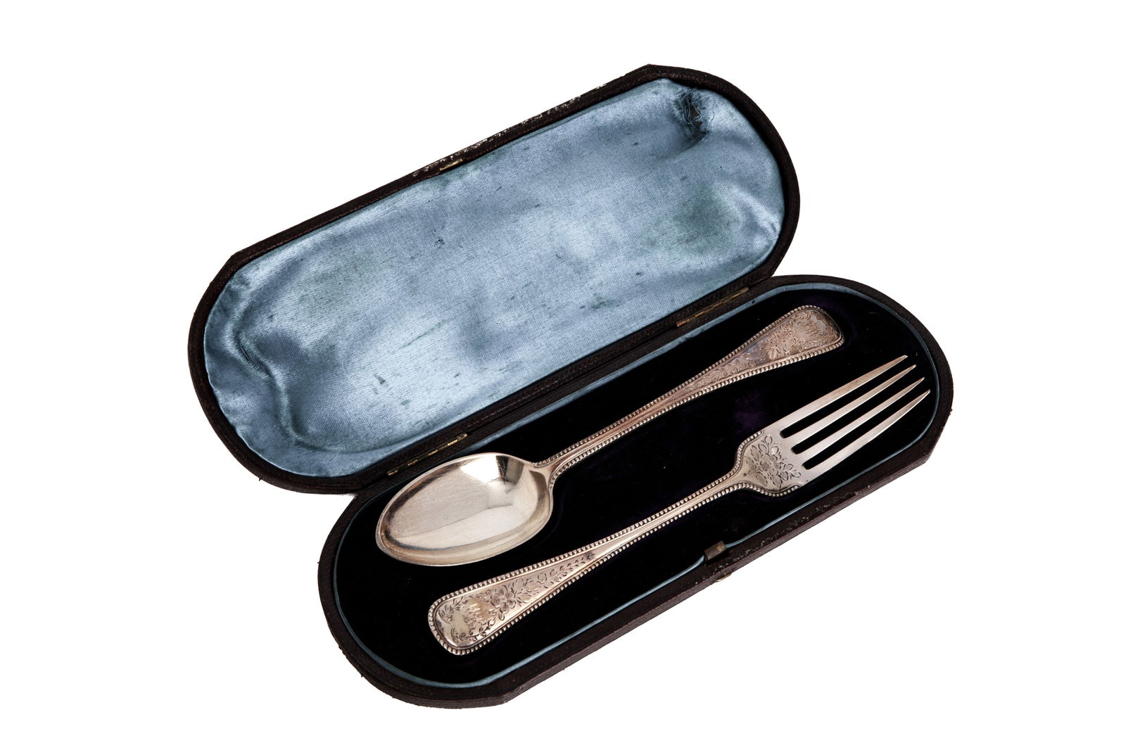 VICTORIAN CASED CHILD'S SILVER FORK & SPOON, 101g: English Victorian London 1875, 101 grams sterling