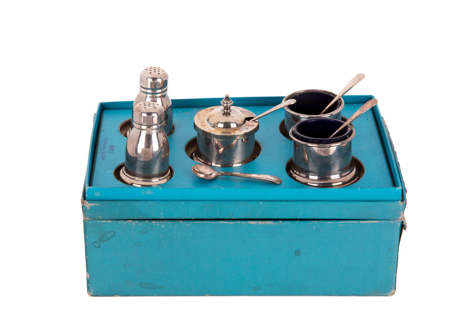 FIVE PC BIRKS SILVER CONDIMENT SET: Including a pair of open salts, shakers and mustard pot, three spoons. All with original Birks blue box.