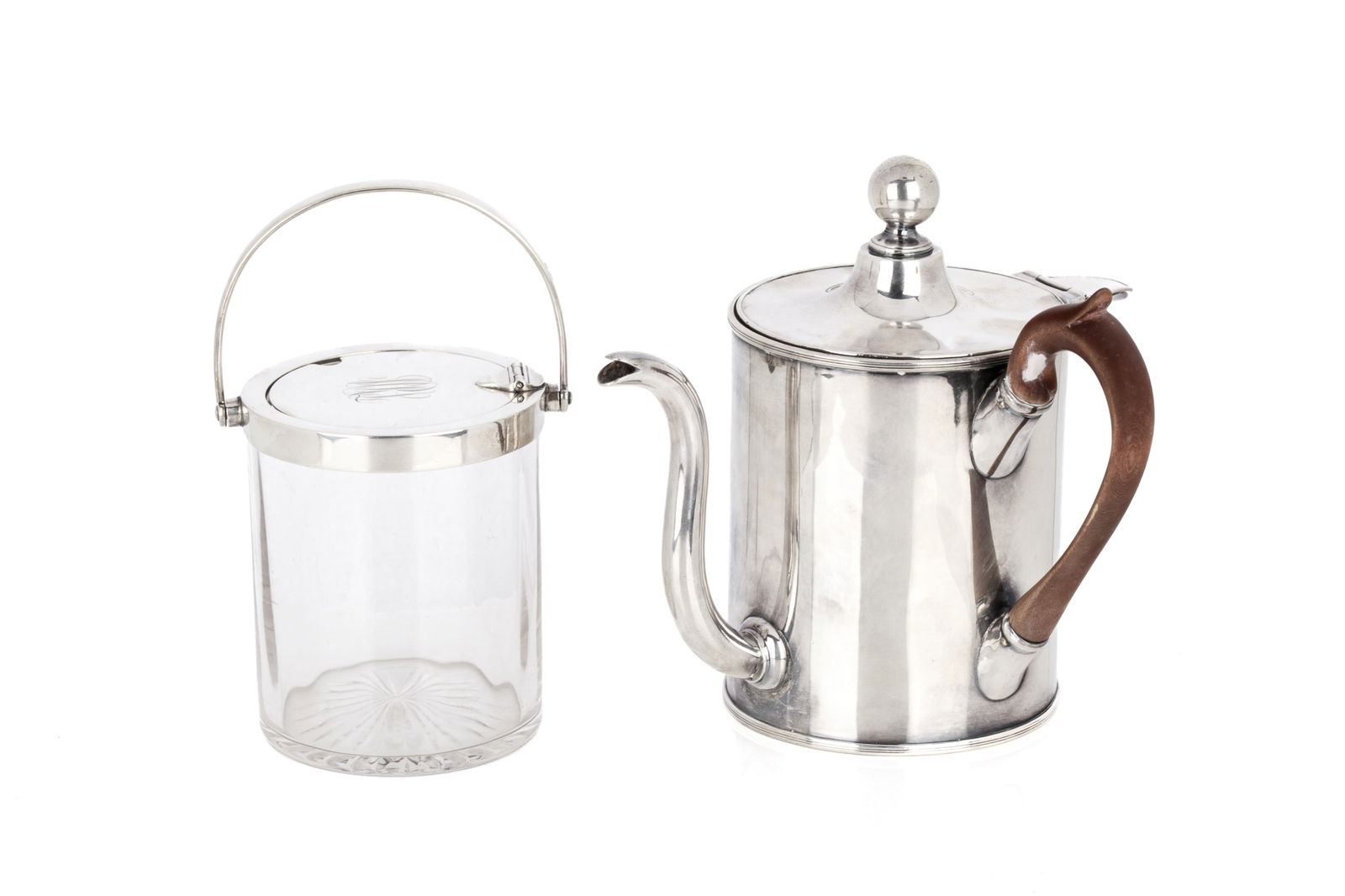 ENGLISH SILVER MOUNTED JAM POT: An English sterling silver mounted jam pot with mechanical lid opening. Hall marked London 1898, makers Heath & Middleton, later Hukin & Heath, together with an early 19th century silver plated argyle