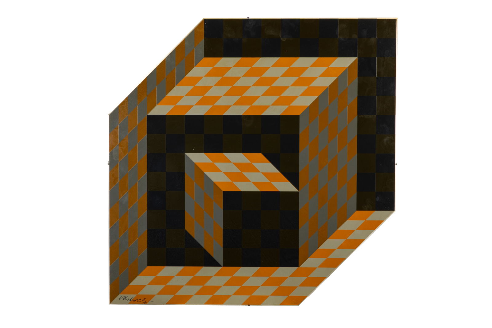 VICTOR VASARELY (Hungarian / French, 1906-1997): Axo" Silkscreen on aluminum metal Signed bottom left H. 25" x W. 25