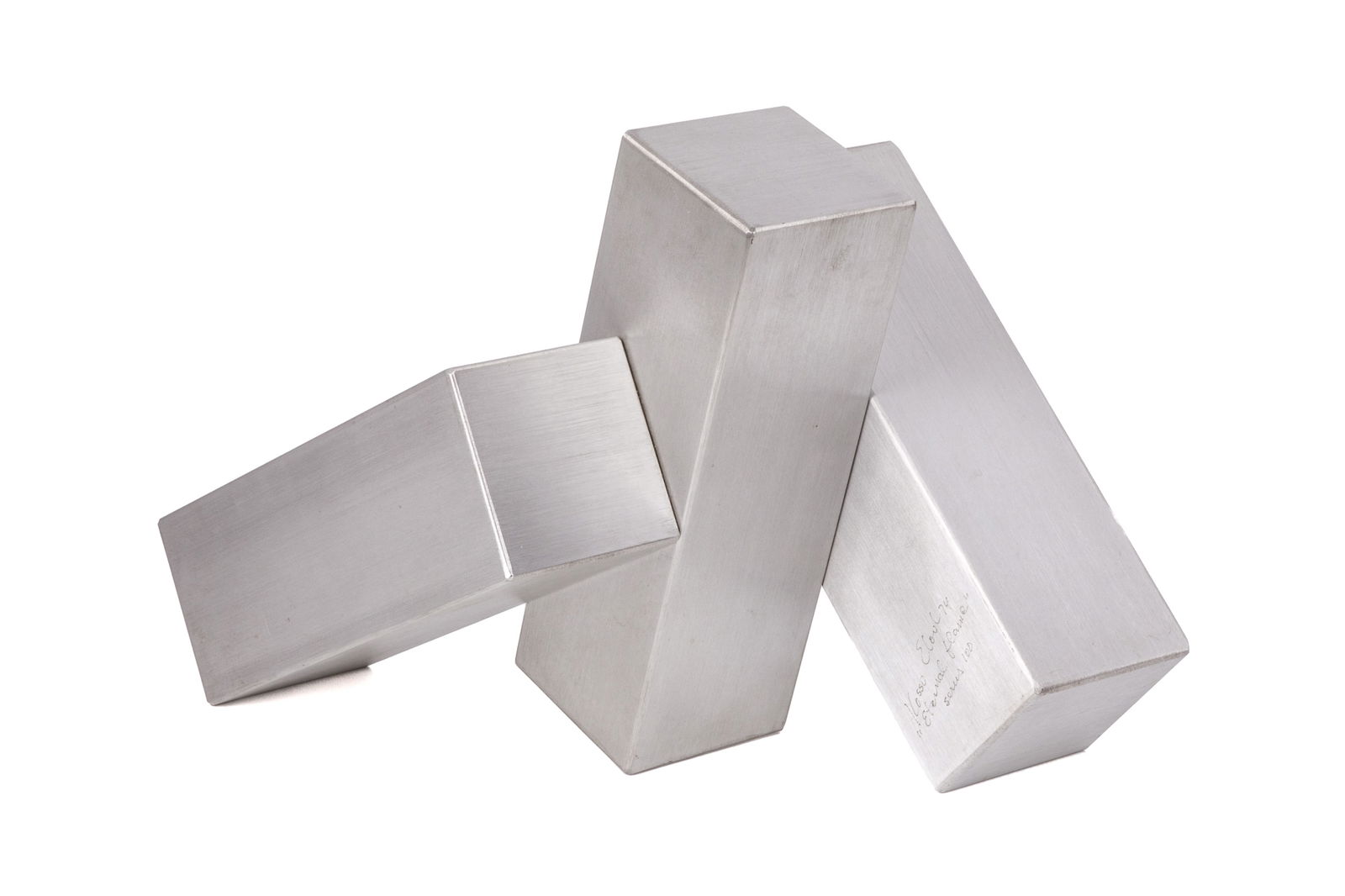 KOSSO ELOUL (Israeli-Canadian, 1920-1995): "Eternal Flame" (1974) Series 100 Brushed aluminum sculpture Signed, dated, titled on base H. 13 1/4" (33.5cm) x W. 18 3/4" (47.5cm) x D. 12 1/4" (31cm)