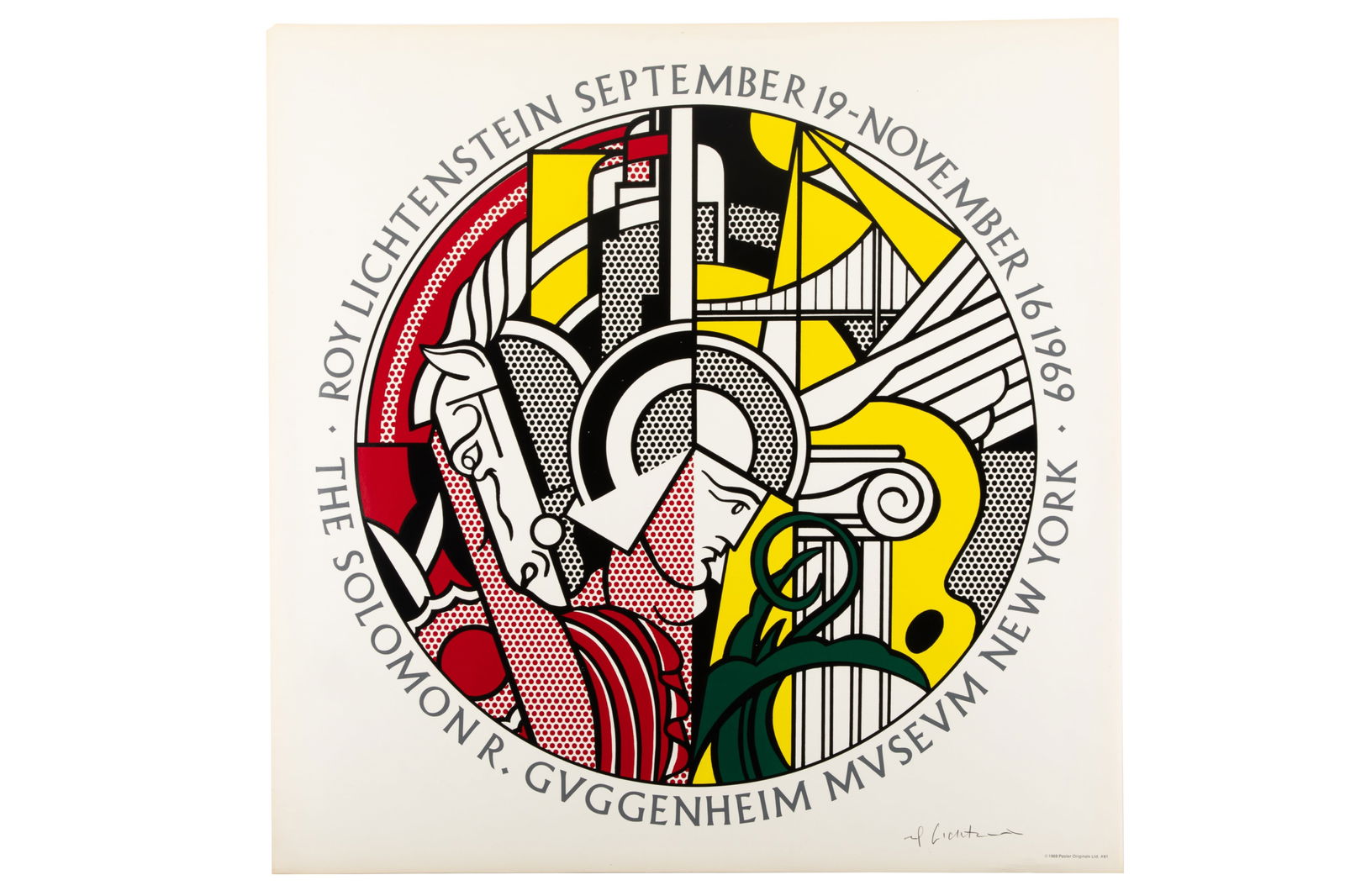 ROY LICHTENSTEIN SIGNED FACSIMILE POSTER PRINT: Facsimile poster print of Roy Lichtenstein's exhibition at the Guggenheim Museum (New York) in the Fall of 1969. Signed by the artist. Inscription to verso: "# 20 of 25 Signed in support of The Artist