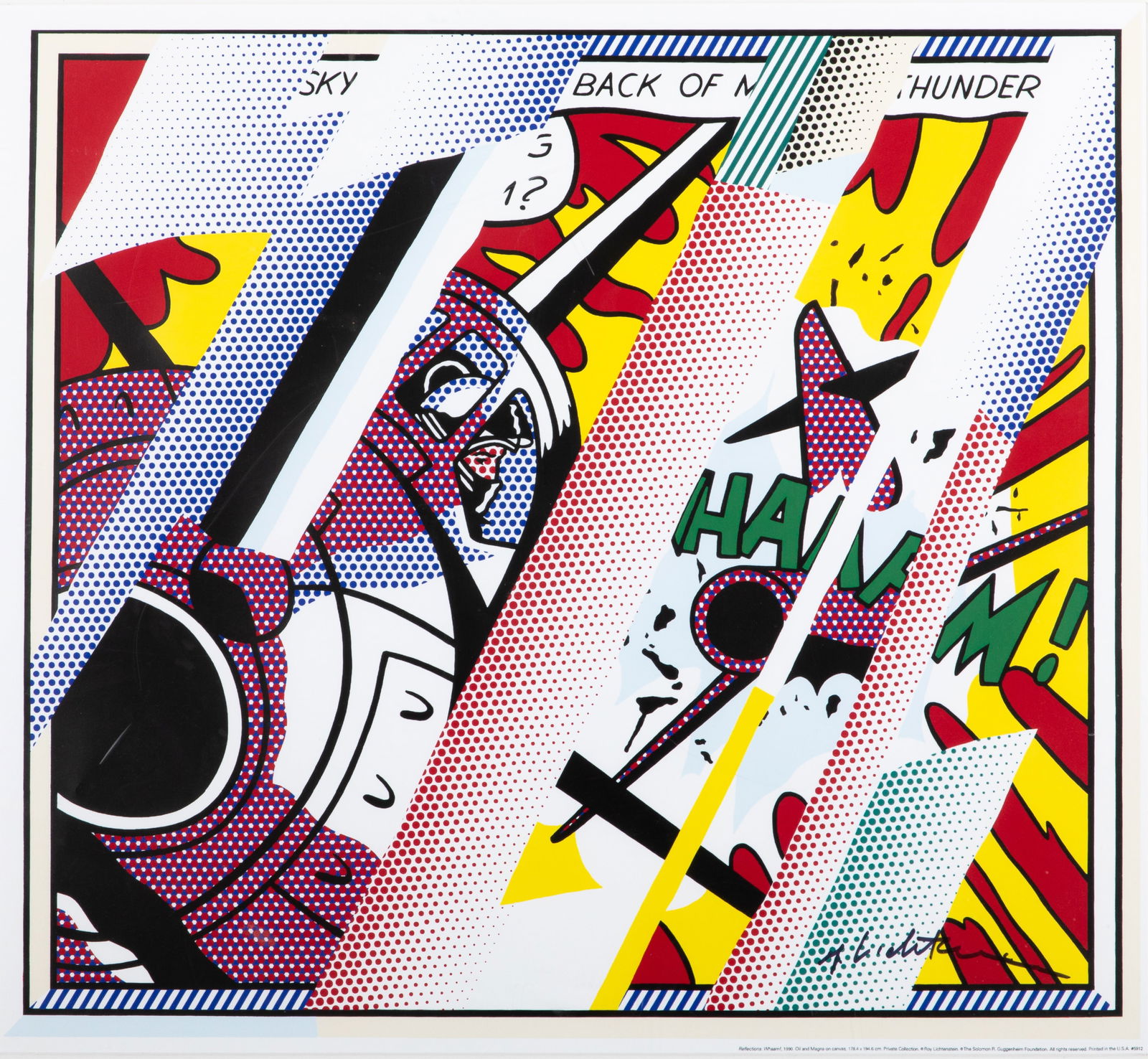ROY LICHTENSTEIN SIGNED FACSIMILE POSTER PRINT: Facsimile poster print of "Reflections: Whaam!" signed by Roy Lichtenstein (American, 1923-1997). Framed measurements 28 1/4" x 30 1/2".