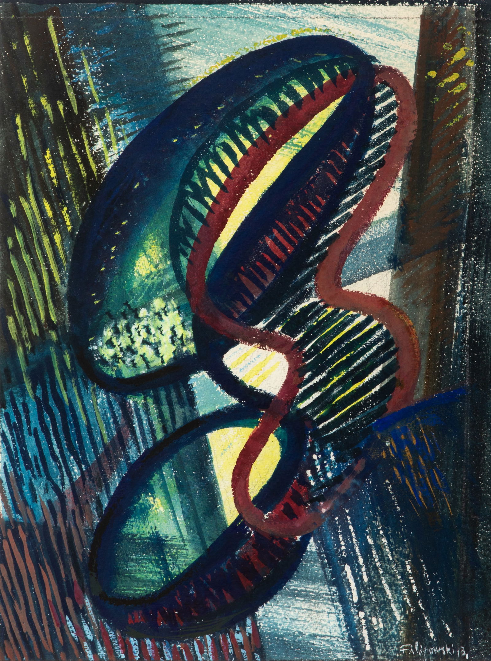 RICHARD E. FILIPOWSKI (Polish-Canadian 1923-2008): Untitled Abstract Watercolour on Paper Signed and dated 1943 lower right H 24 x W 18in From the Estate of Barbara Phillips, New York and Ontario, Canada. Sister and advocate of the artist.