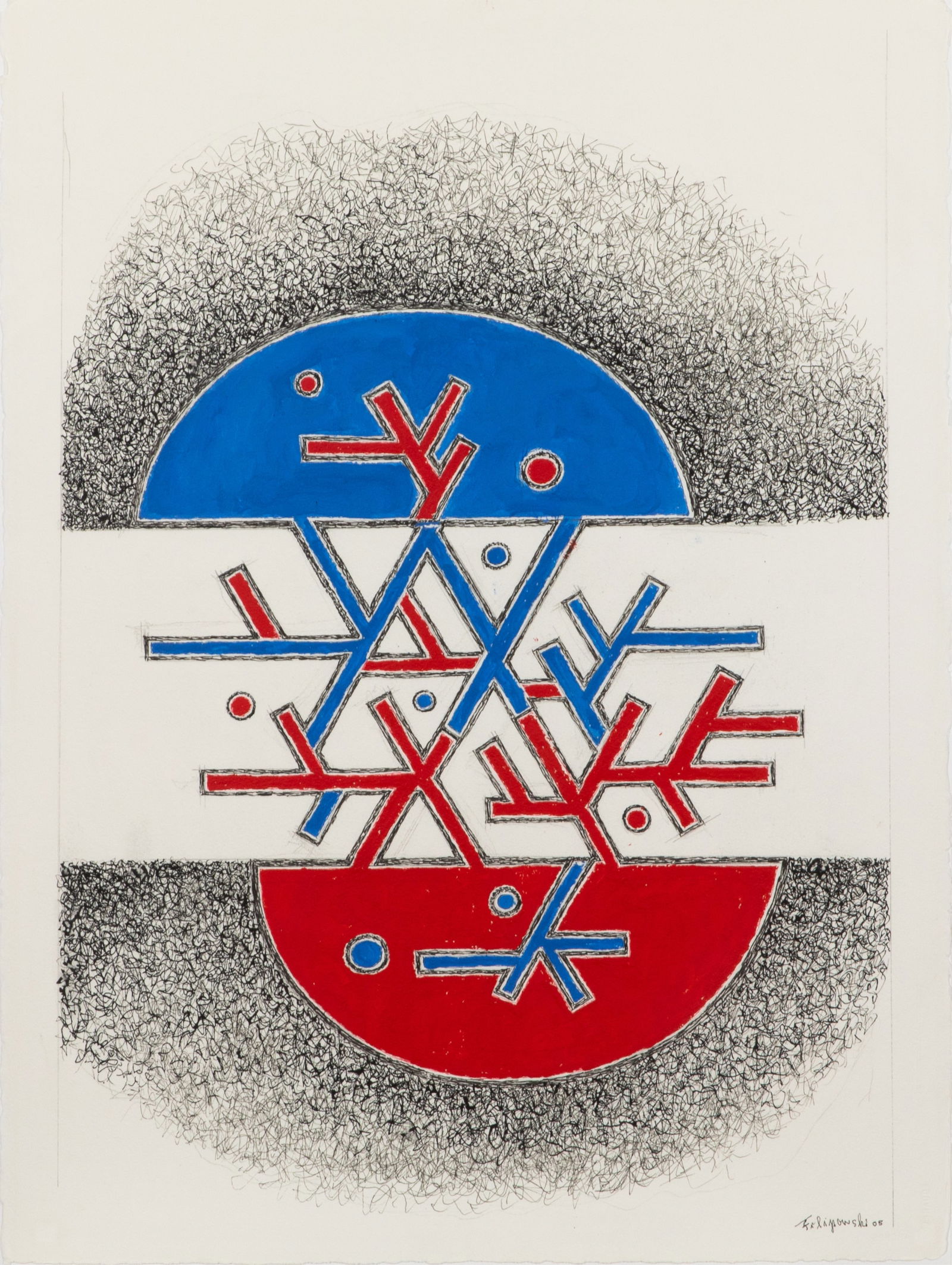 RICHARD E. FILIPOWSKI (Polish-Canadian 1923-2008): Untitled Abstract Ink and Gouache on Paper Signed and dated 2005 H 30 x W 22in From the Estate of Barbara Phillips, New York and Ontario, Canada. Sister and advocate of the artist.