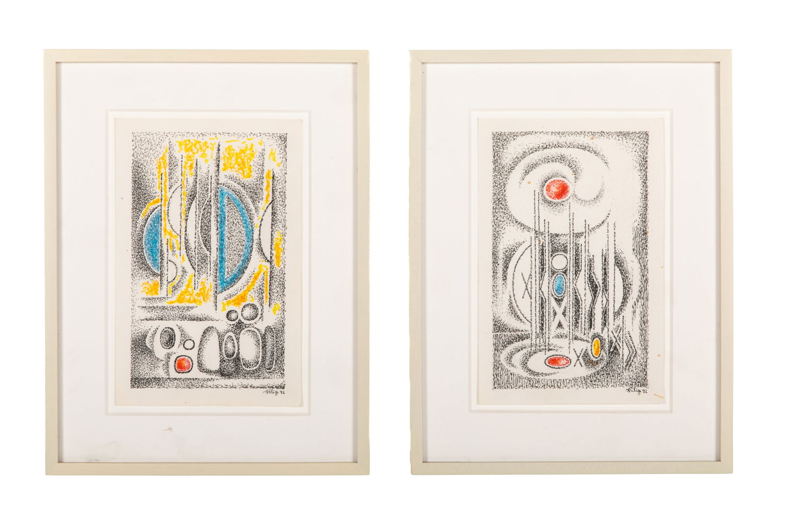 RICHARD E. FILIPOWSKI (Polish-Canadian 1923-2008): Untitled Abstract Coloured Pencil and Ink on Paper Signed and dated 1992 lower right H 8 1/2 x W 5 1/2in In modern frames From the Estate of Barbara Phillips, New York and Ontario, Canada. Sister and