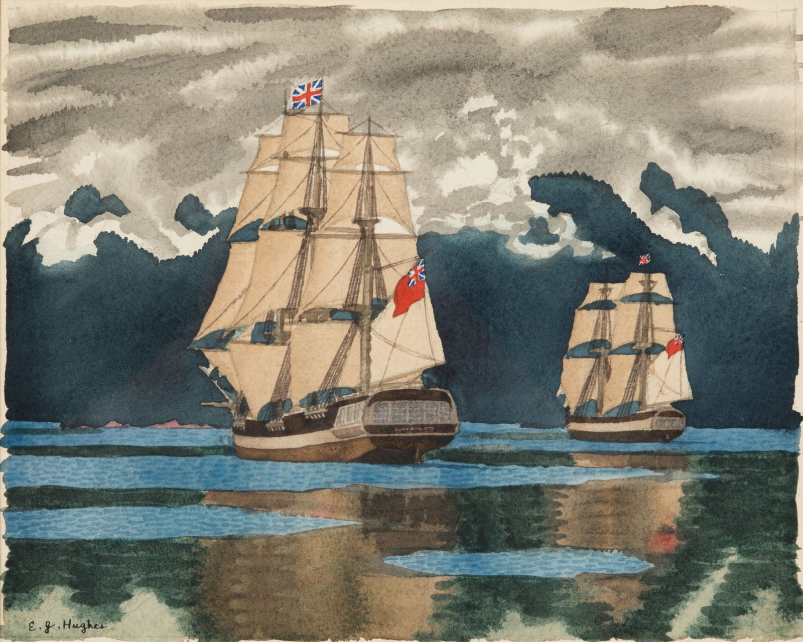 EDWARD JOHN HUGHES (Canadian, 1913-2007): Colour Sketch for the oil Painting: "H.M.S. 'Discovery' and H.M.S. 'Chatham', 1792" (1966) Watercolour / paper Signed bottom left Additional signature and date to verso H. 10" x W. 12 1/2" Provenance: