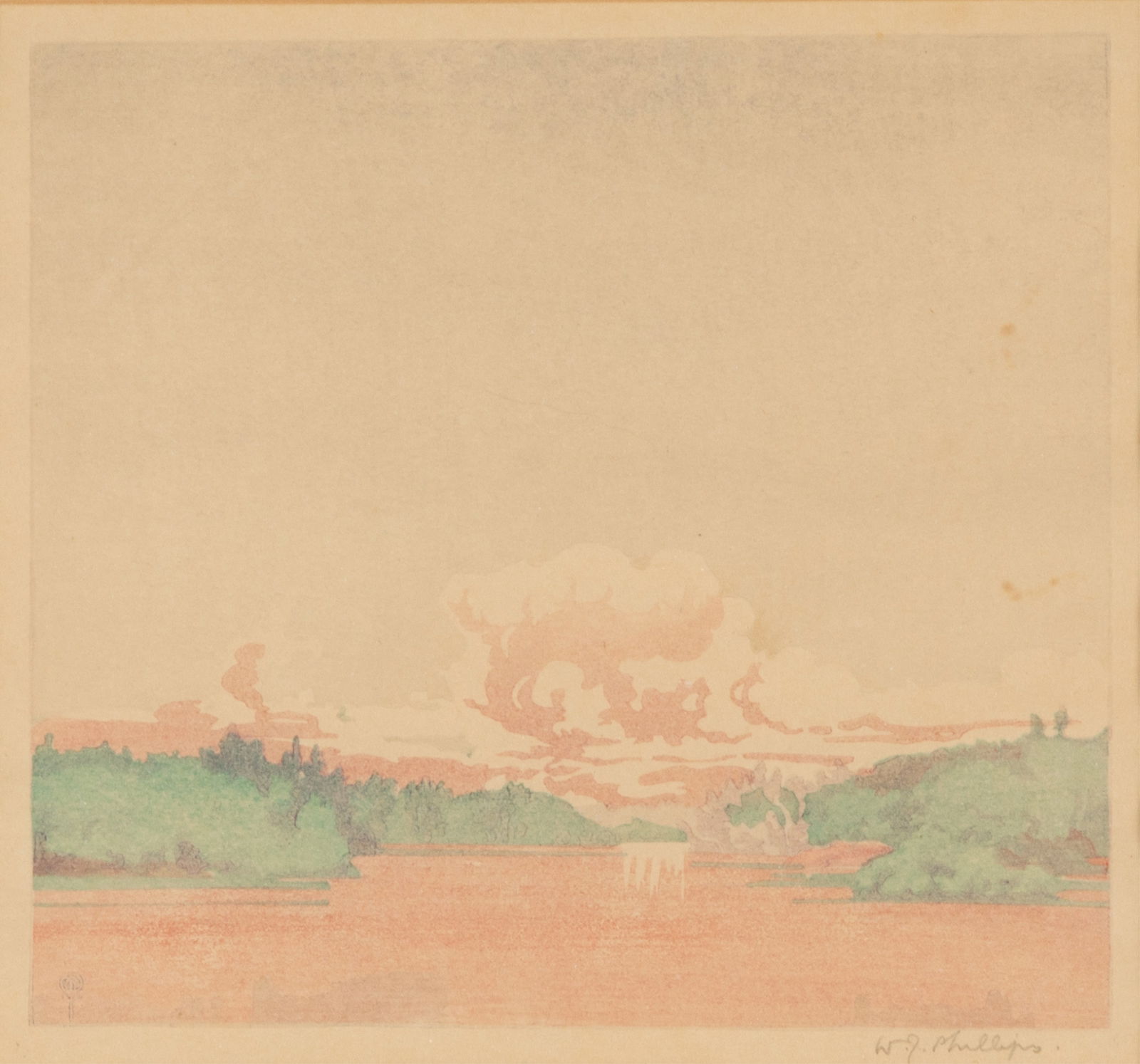 WALTER J. PHILLIPS (Canadian, 1884-1963): Winnipeg River at Minaki" Woodblock print Signed bottom right Sight measurements 7 1/4" x 7 3/4