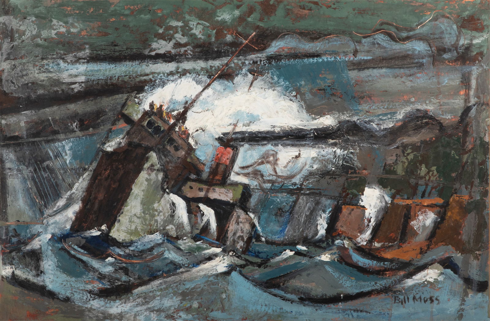 BILL MOSS (Canadian, 20th C): "Canadian Freighter Novadec" (1953) Tempera Signed bottom right H. 30" x W. 40" Provenance: Ex Collection Ford Motor Co. (Dearborn, MI)