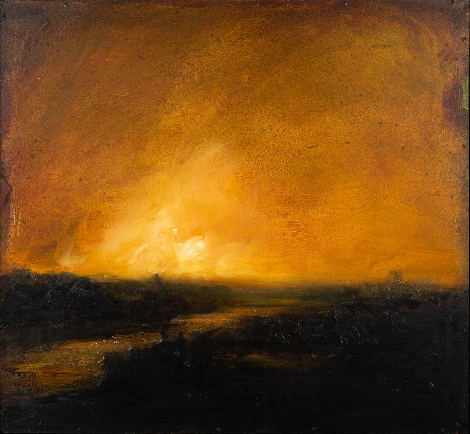 DAVID BIERK (American / Canadian, 1944-2002): "Save The Planet, Imaginary Landscape, Golden Sky" (1 December 1989) "New Mexico Memories" (Repainted, 10 July 1991) Oil on board Signed, titled, and dated to verso H. 21 7/8" x W. 23 5/8" Provenance: