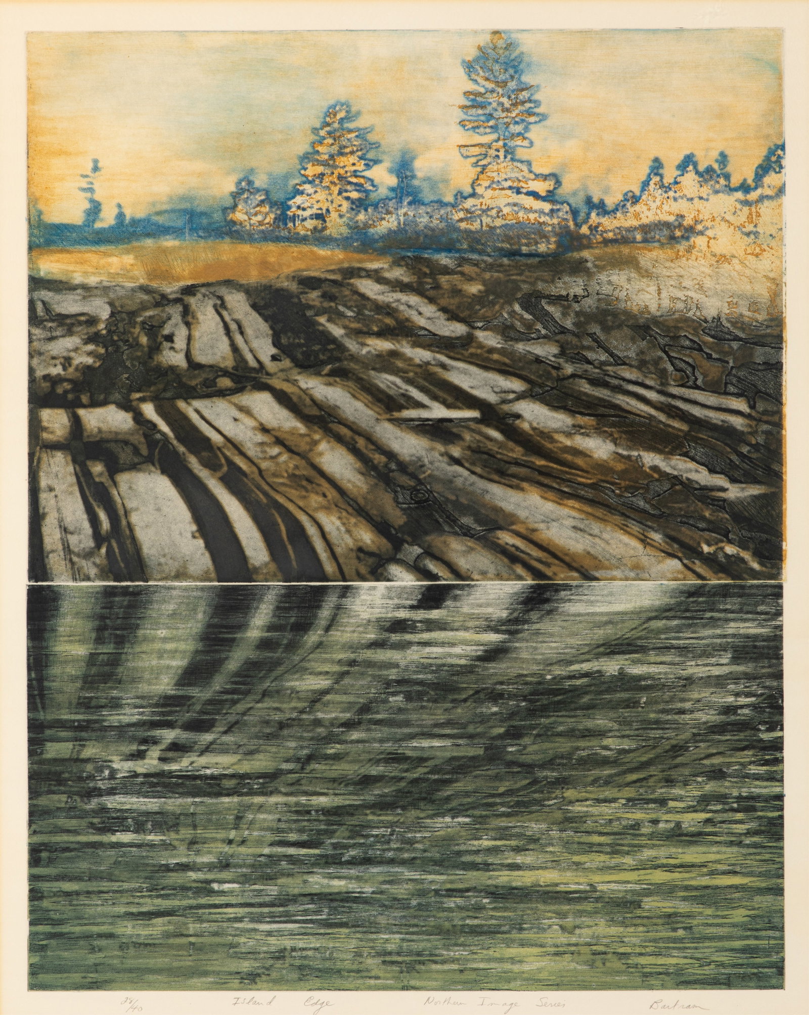 EDWARD TED JOHN BARTRAM (Canadian, 1938-2019): "Island Edge" From the "Northern Image Series" Etching in colours Ed. 28 / 40 Signed, titled, and numbered in bottom margin H. 38" x W. 29"