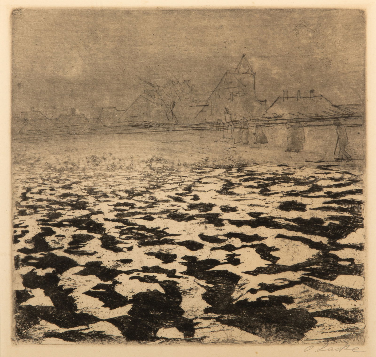 OSKAR LASKE (Austrian, 1874-1951): "View of Bruges" (Blick auf Brugge, ca. 1930) Etching and aquatint Signed on the plate; signed in pencil lower right H. 9 7/8" x W. 9 7/8" Provenance: Private collection (Toronto); Graphik Antiquariat