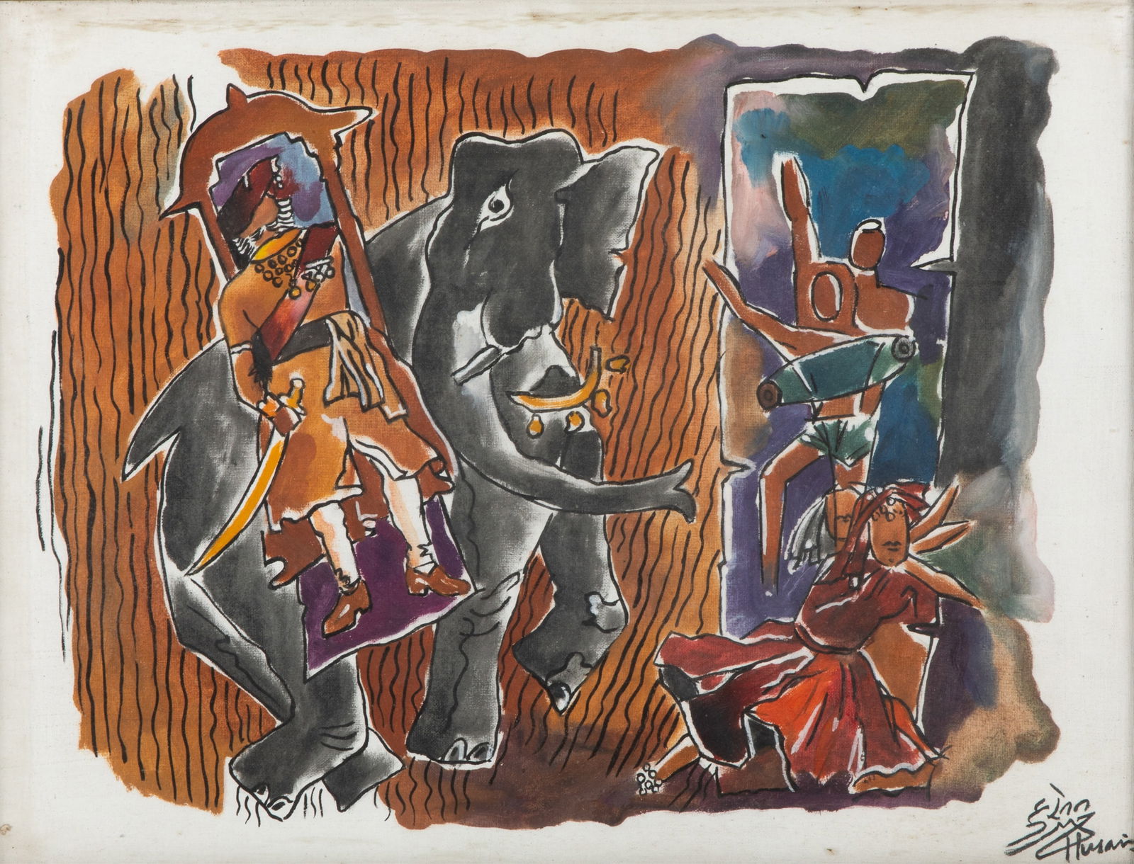 MAQBOOL FIDA HUSAIN (Indian, 1915-2011): War Elephant Tempera and ink on canvas board Signed bottom right Sight H.12" x W. 16" (30.5cm x 40.7cm)