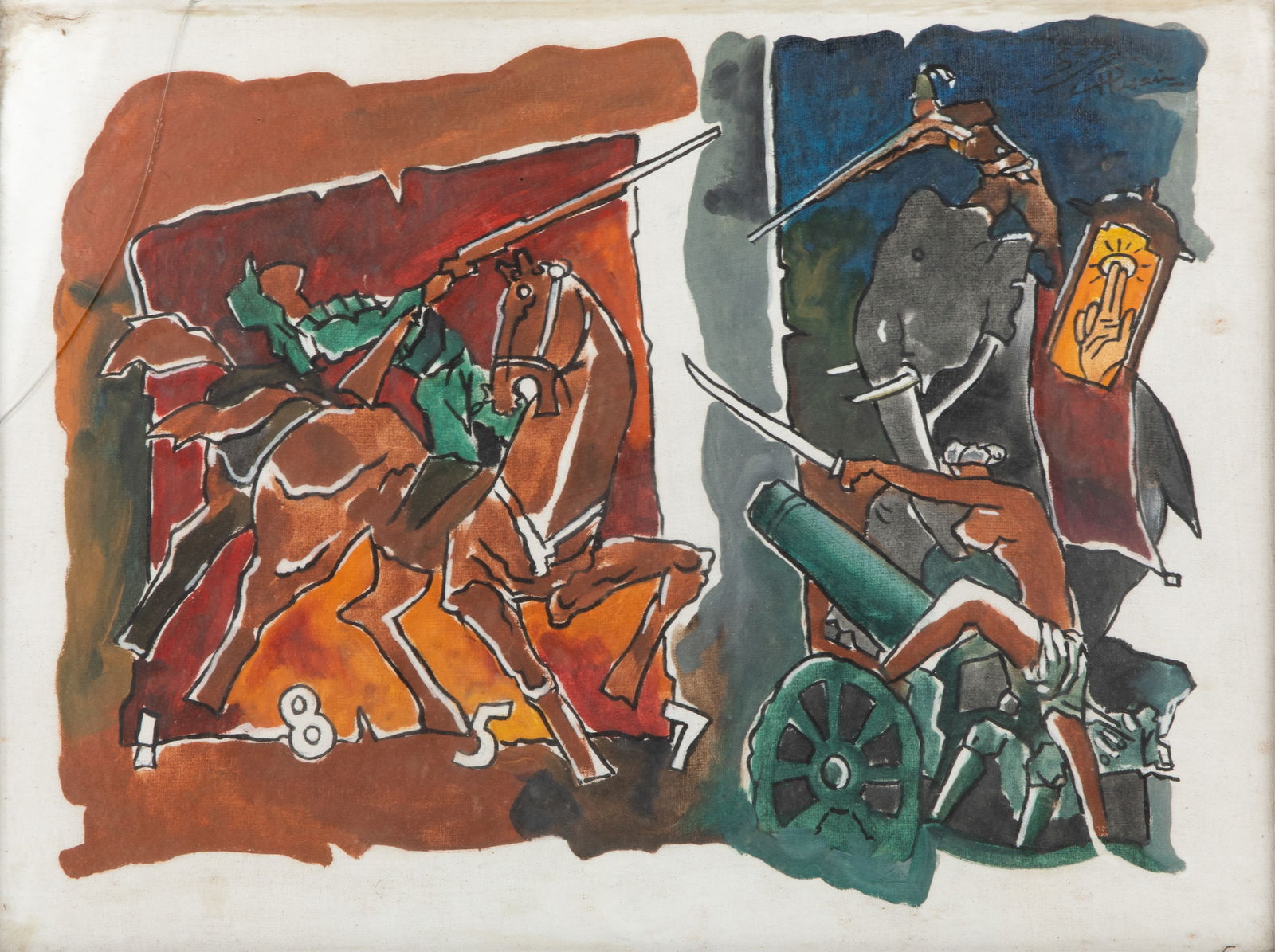MAQBOOL FIDA HUSAIN (Indian, 1915-2011): Indian Rebellion of 1857 Tempera and ink on canvas board Signed upper right Sight H.12" x W. 16" (30.5cm x 40.7cm)