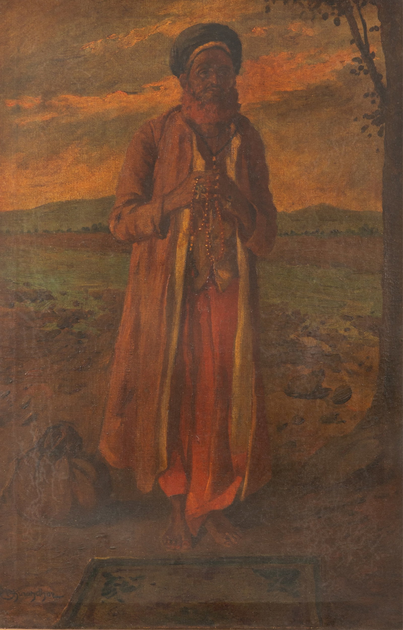 MAHADEV VISHWANATH DHURANDHAR (Indian, 1867-1944): Muslim Cleric Oil on canvas Signed lower left H. 27" x W. 18 1/8" (68.5cm x 46cm) Provenance: Provenance: From an Important Multi-Generation Private Collection, India / Canada. Acquired from trusted c