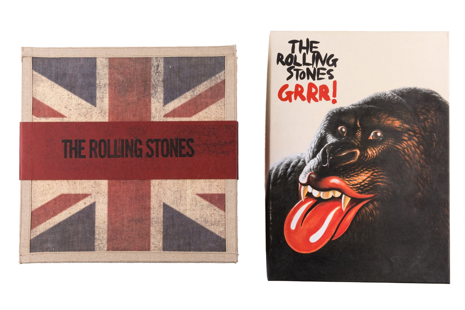 PAIR OF ROLLING STONES LIMITED EDITION BOX SETS: "The Rolling Stones: You Get What You Need". Clothbound box set with with the union jack flag printed on the cover. Includes 8 CDs covering 7 albums released in the 1970s: Sticky Fingers, Exile on Mai