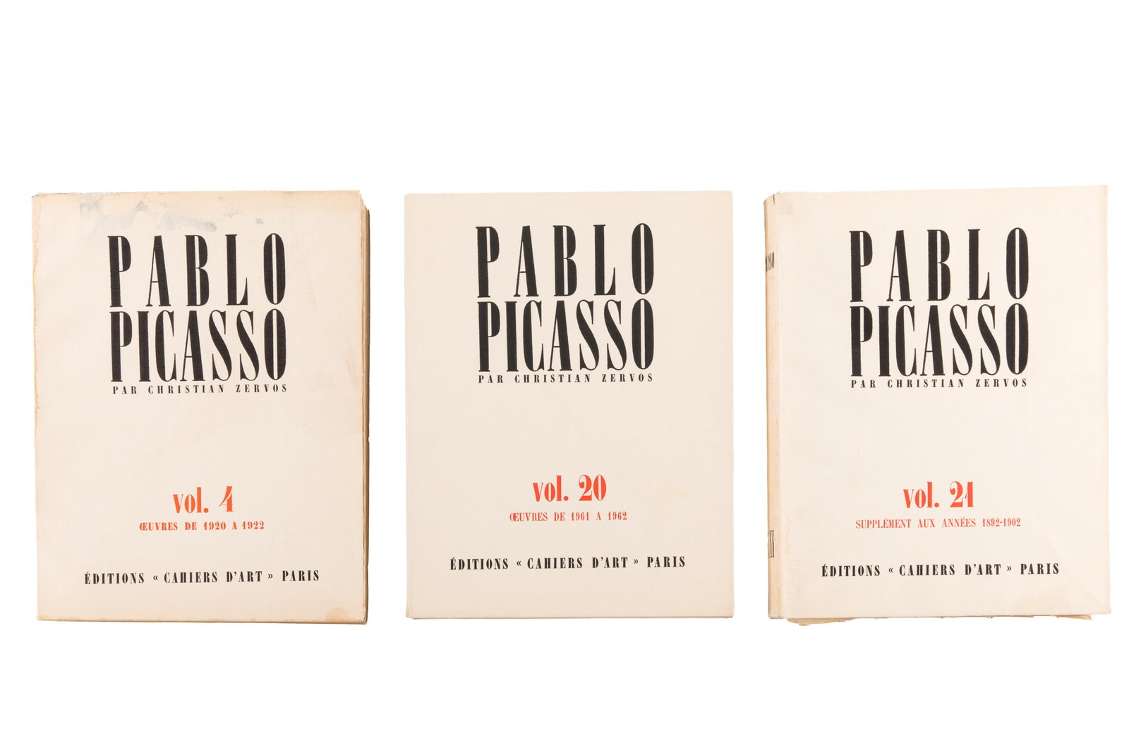 PABLO PICASSO PAR CHRISTIAN ZERVOS (3 VOLS.): Includes Volumes 4, 20, and 21 of Christian Zervos' catalogue raisonne for Pablo Picasso, published by Editions Cahiers D'Art in Paris.