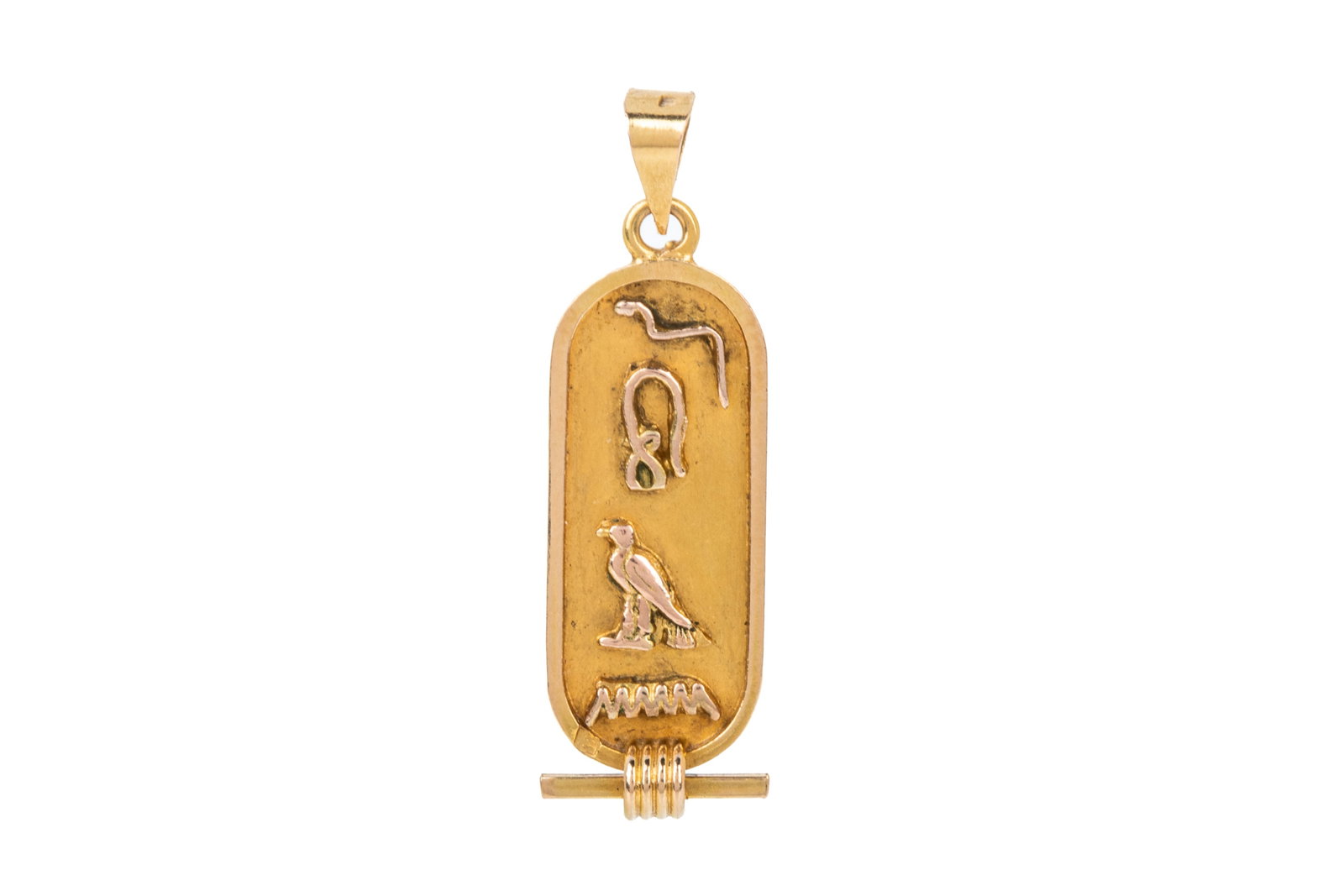 18K EPYPTIAN CARTOUCHE PENDANT 2.4g: 18K yellow gold cartouche pendant purchased in Egypt, measuring 35mm long, reading JOAN. 2.4 grams