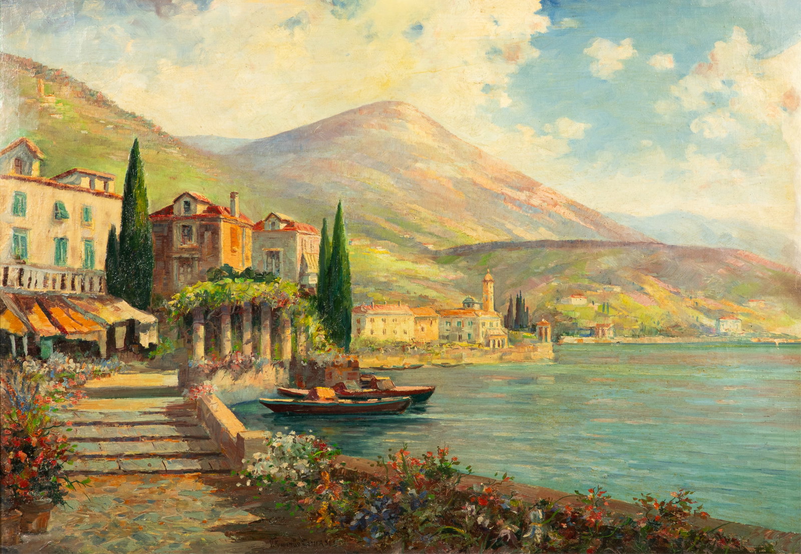 VINCENZO FUNICIELLO (Italian, 1905-1955): Italian Coastal Village Oil on canvas Signed and potentially titled lower centerH. 27 1/2in x W. 39 1/2in (69.7cm x 100.3cm)