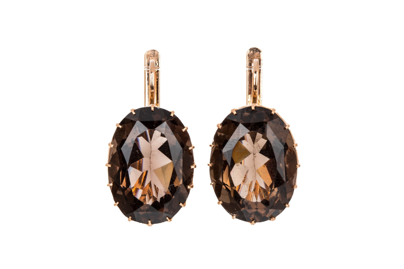14K USSR SMOKY QUARTZ ROSE GOLD EARRINGS 12.2g: 14K rose gold Soviet era drop earrings with hammer and sickle hallmarks, measuring 27.5mm long by 15.3mm wide, equipped with fixed curved posts and hinged locking backs.Featuring 2 oval brilliant cut 