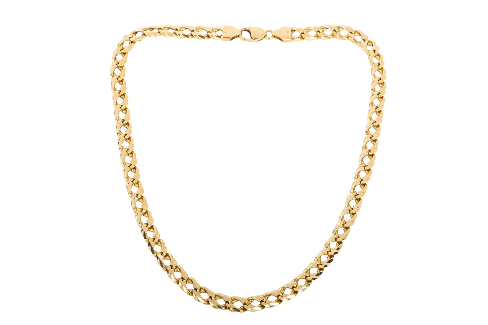 18K ITALIAN-MADE 20 INCH DOUBLE CURB CHAIN 90.17g: 18K yellow gold Italian-made double curb link chain measuring 20 inches long by 8.4mm wide by 3.1mm thick. Equipped with end caps and a heavyweight lobster clasp.90.17 grams