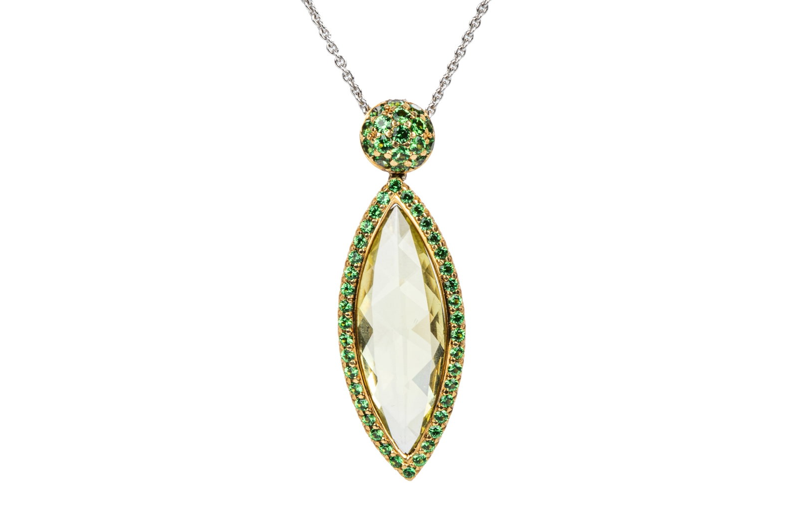 18K ITALIAN TSAVORITE & LEMON QUARTZ NECKLACE 4.7g: 18K yellow and white gold Italian-made necklace measuring 17-16 inches wearable length, pendant measuring 40.2mm long by 13.5mm wide. Featuring 1 marquise shaped briolette cut lemonquartz measuring ap
