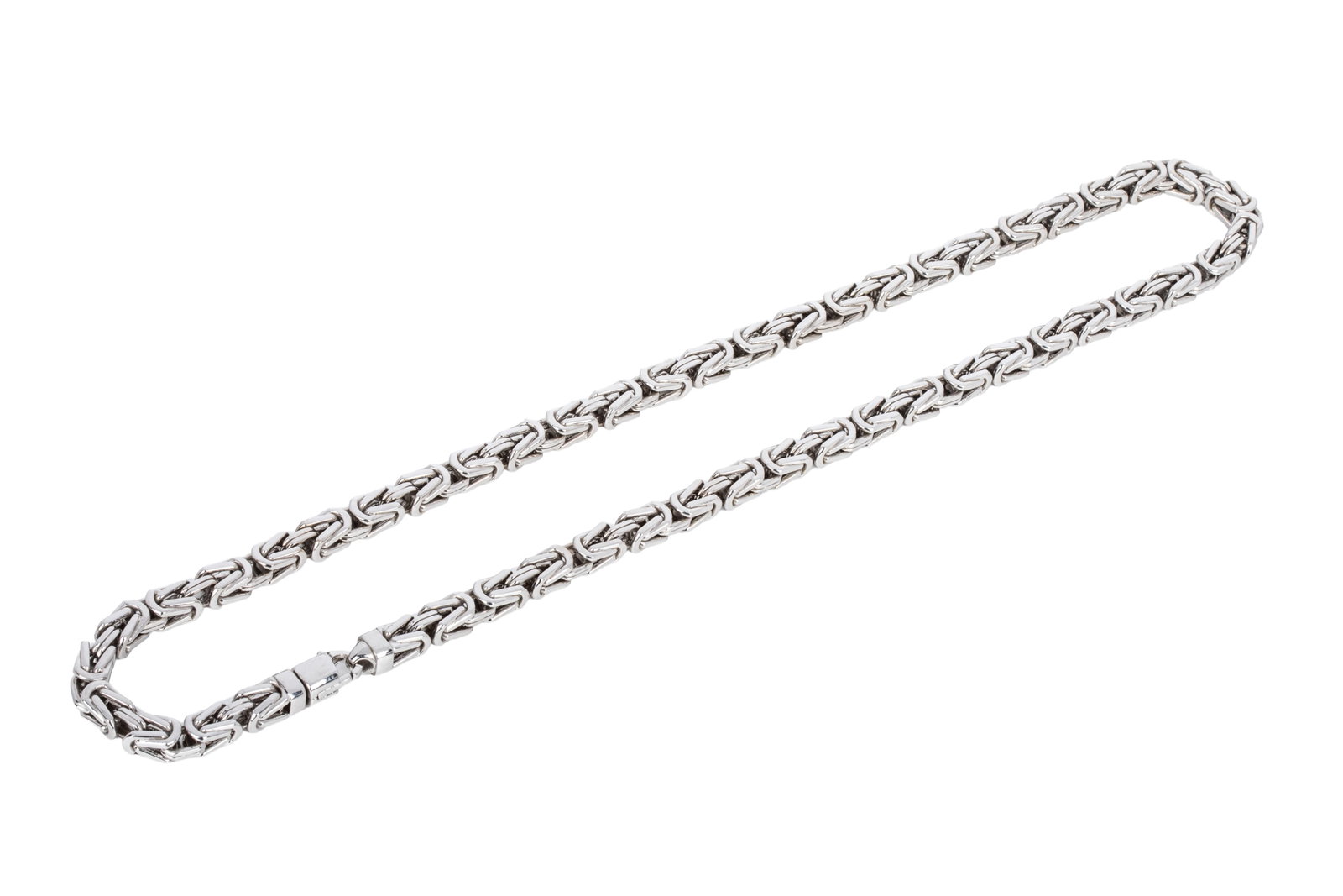 10K GOLD 33 INCH LONG BYZANTINE LINK CHAIN 336.34g: 10K white gold rhodium plated byzantie link chain measuring 33 inches long by 9.1mm wide, Equipped with heavy square end caps, and a swivel lobster clasp measuring 19.4mm long by 10mm wide.336.34 gram