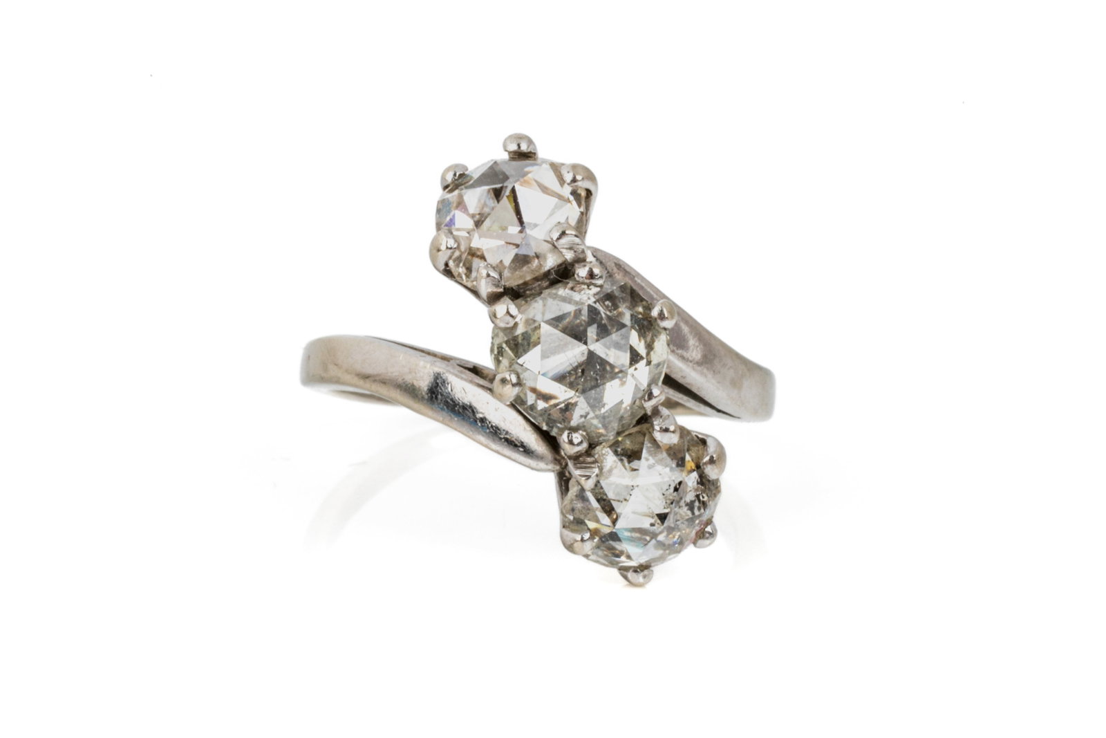 14K WHITE GOLD THREE ROSE CUT DIAMOND RING 4.8g (1 of 4)