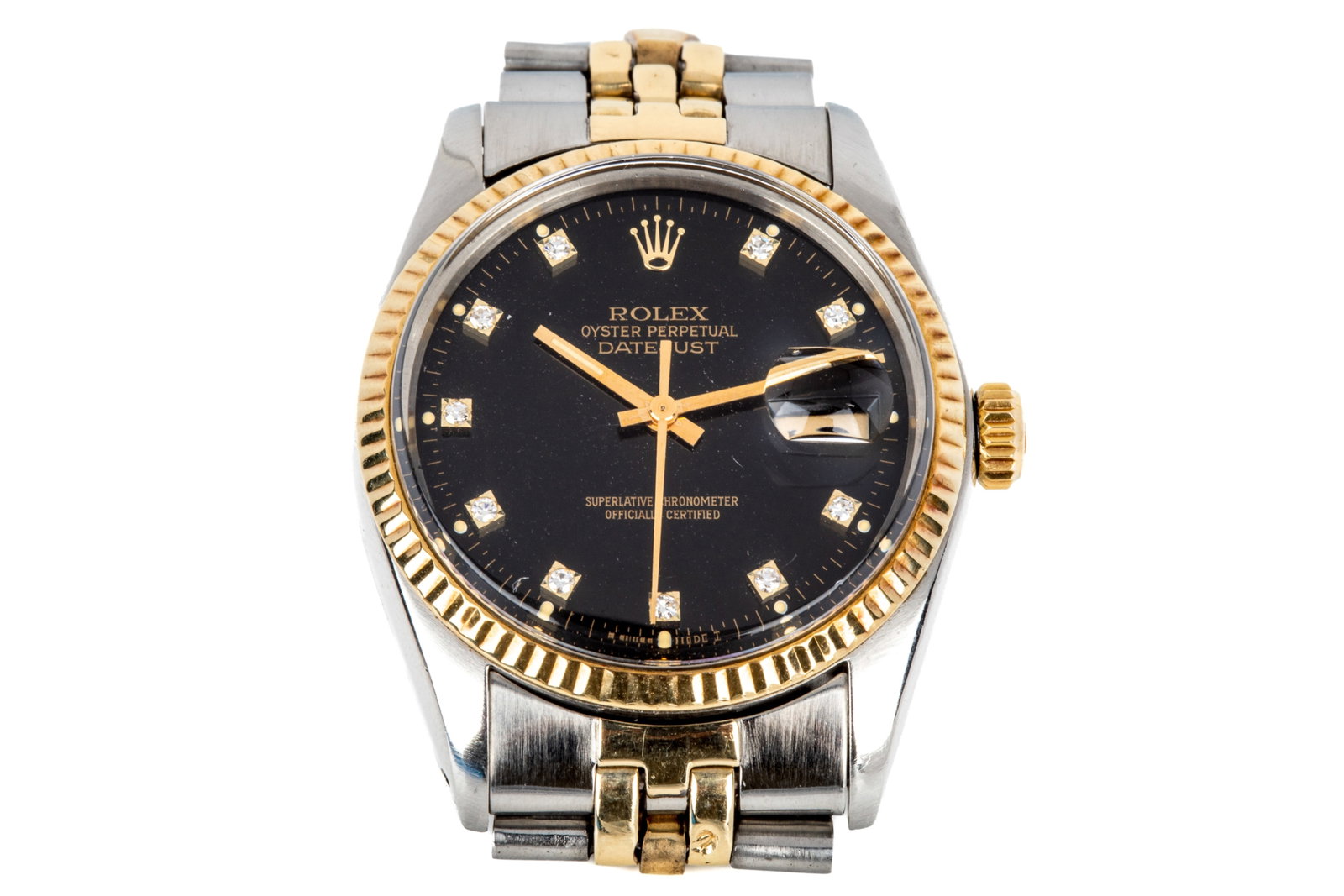 ROLEX DATEJUST 36 16013 FACTORY DIA. DIAL JUBILEE: 14K yellow gold and stainless steel Rolex Datejust 36 watch model 16013 factory diamond dial, American made Jubilee bracelet, serial number 5318801, circa 1978.Featuring plastic crystal with cyclops m