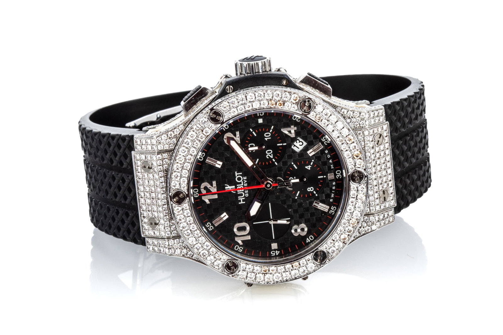 HUBLOT BIG BANG 44mm LTD. ED. 04/250 301RW61804: Stainless steel and ceramic Hublot Big Bang 44mm Limited Edition 04/250 automatic chronograph date watch, numbered 301RW61804, diamond case and buckle.Case measures 55mm long by 50.7mm wide (crown to 