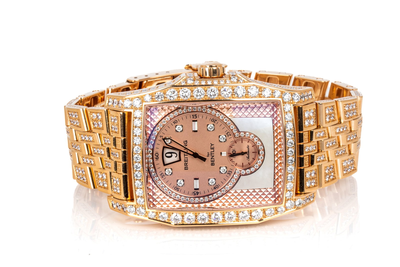 18K DIA. BREITLING FOR BENTLEY FLYING B R28362: Limited Edition 5/50 18K rose gold Swiss made Breitling for Bentley, Flying B watch model R28362 serial number 215584, factory diamond case, dial, and bracelet.Case measures 57mm long (lug to lug) by 