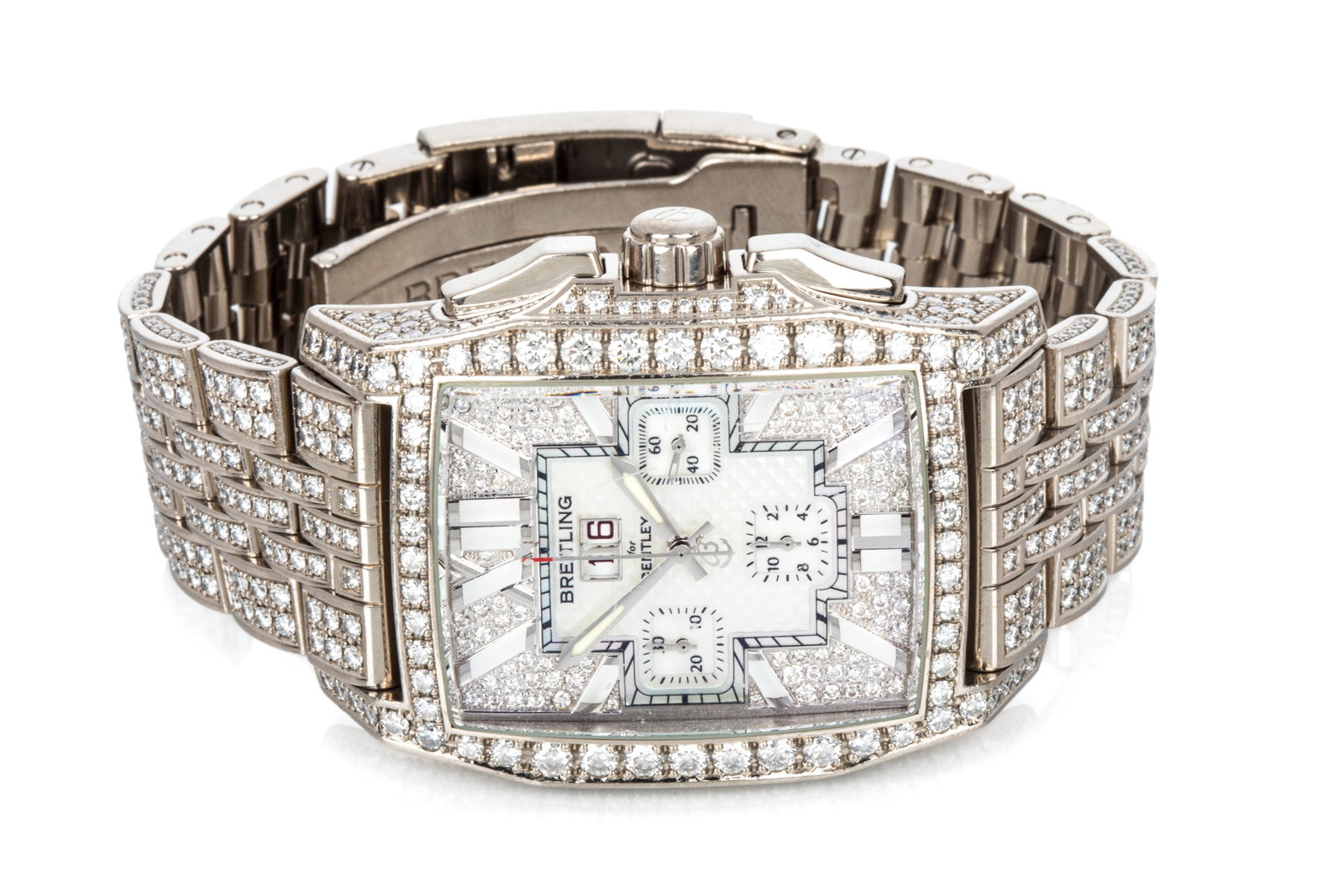 18K DIA. BREITLING FOR BENTLEY FLYING B J44395: Limited Edition 22/50 18K white gold Swiss made Breitling for Bentley, Flying B watch model J44395 serial number 2296191, factory diamond case, dial, clasp, and bracelet.Case measures 58mm long (lug t
