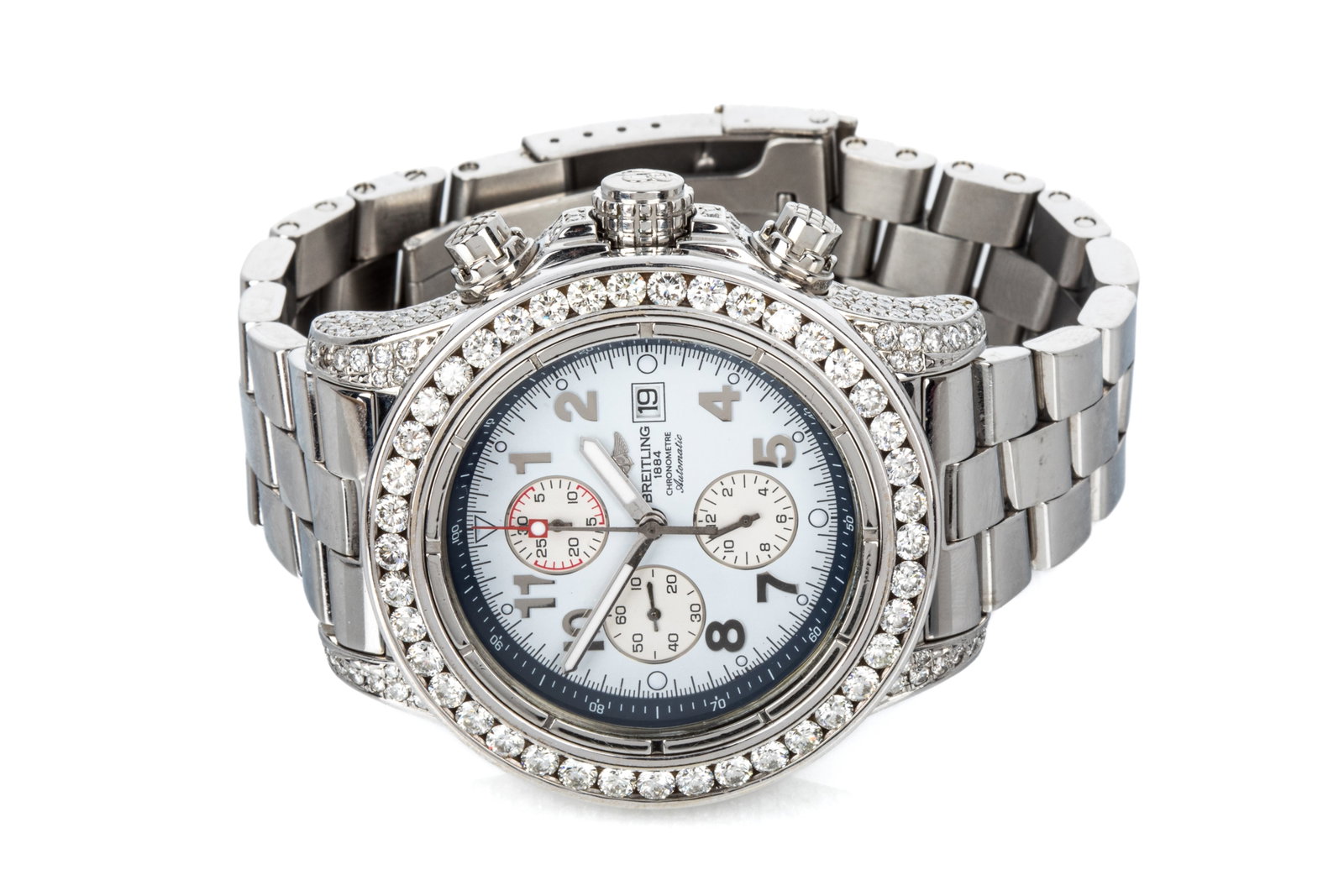 BREITLING SUPER AVENGER A13370 ICED-OUT CASE: Stainless steel Breitling Super Avenger watch model A13370 serial number 2094866. Case iced-out with after-market diamonds and oversized (49.5mm in diameter) diamond bezel. Case measures 59.4mm long (