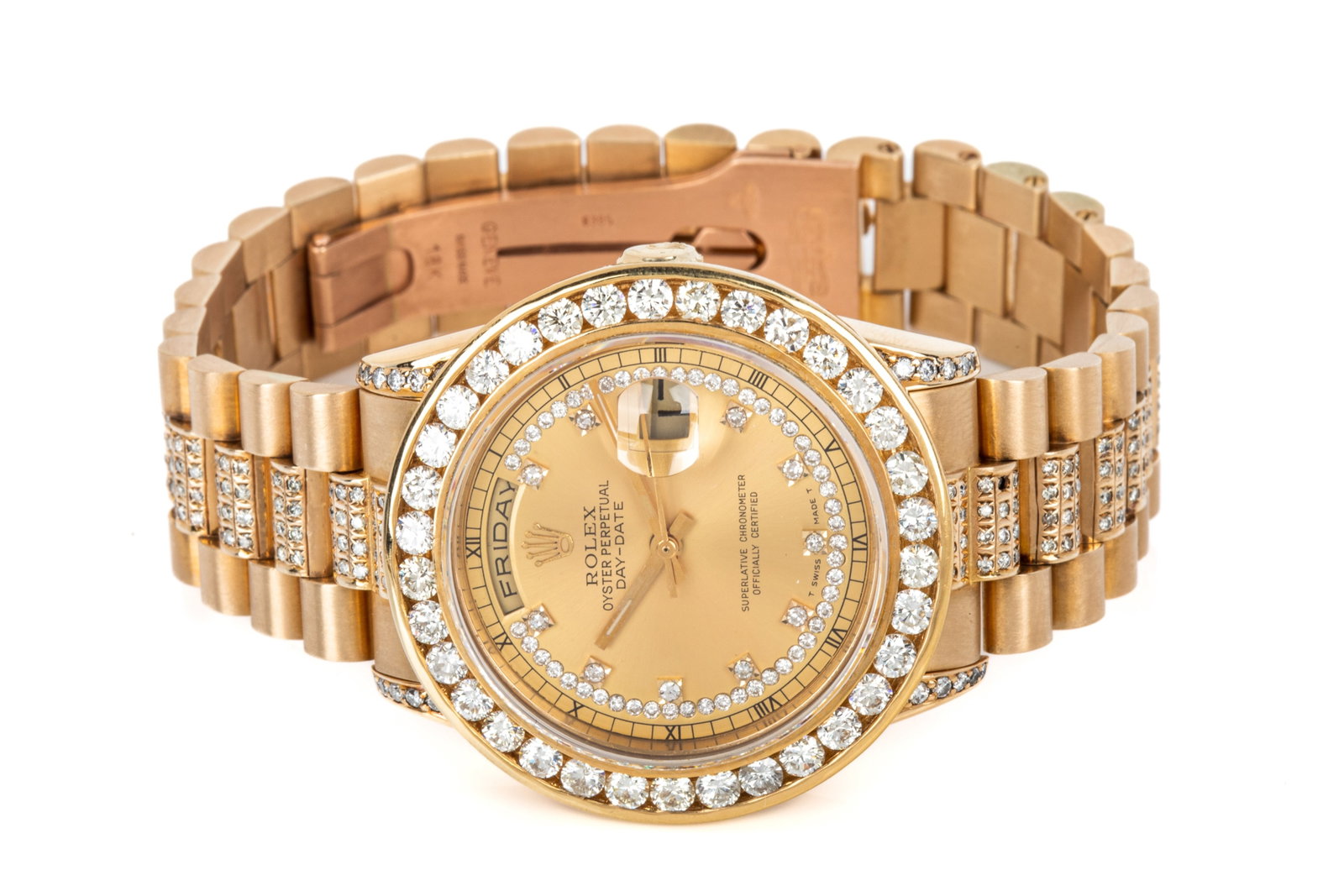 18K ICED-OUT ROLEX DAY-DATE 36 18238 136.27g: 18K yellow gold Rolex Day-Date 36 model number 18238 serial number E148673 Swiss made automatic watch. Watch observed to wind, set, and run, including quick set functions for day-date.Watch case, move