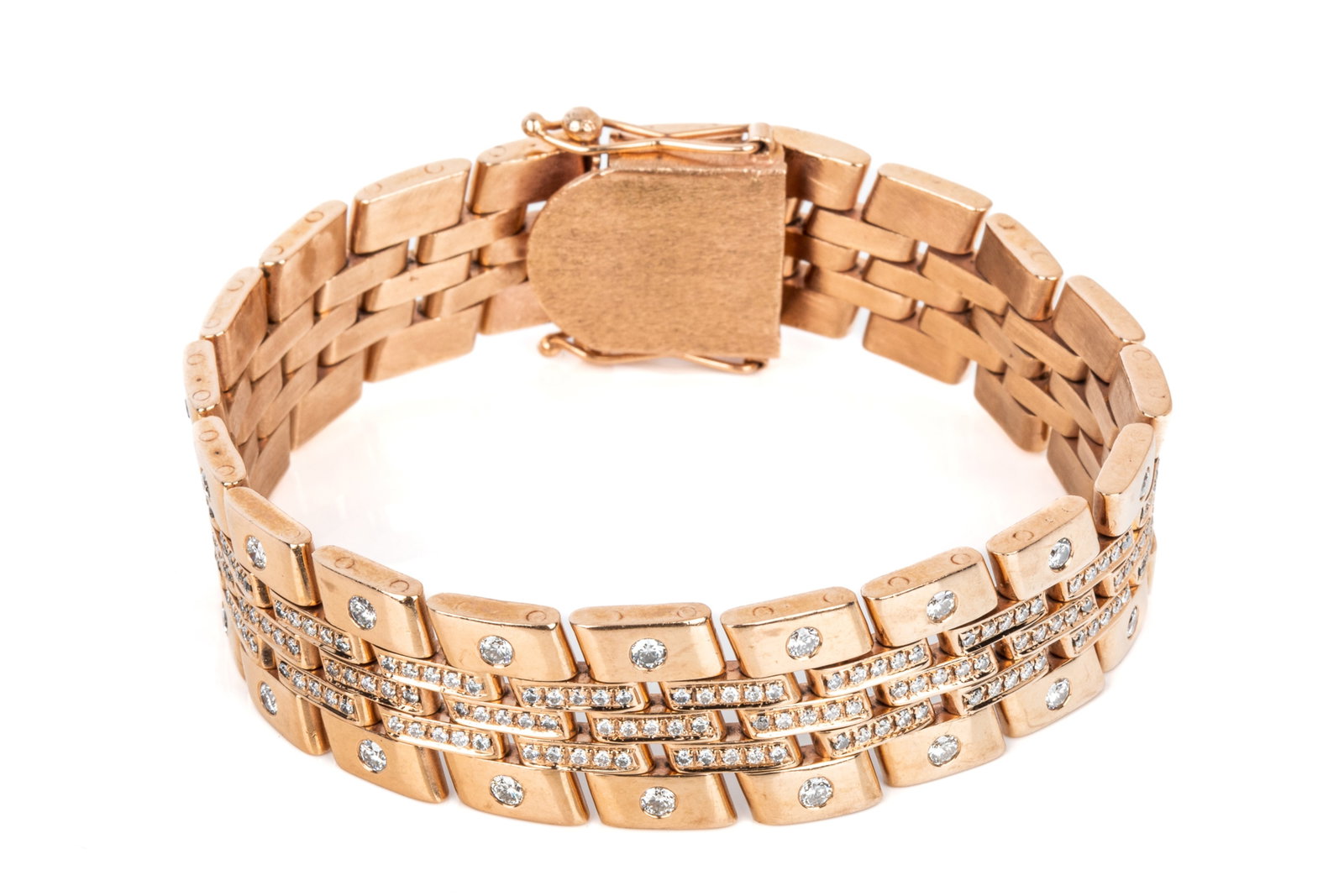 14K ROSE GOLD AND DIAMOND GENTS BRACELET 107.9g: Rose gold diamond accented link bracelet testing approximately 14K. Measuring 9.5 inches wearable length by 19.5mm wide by 3.6mm thick. Equipped with heavyweight box catch and 2 large side safety catc