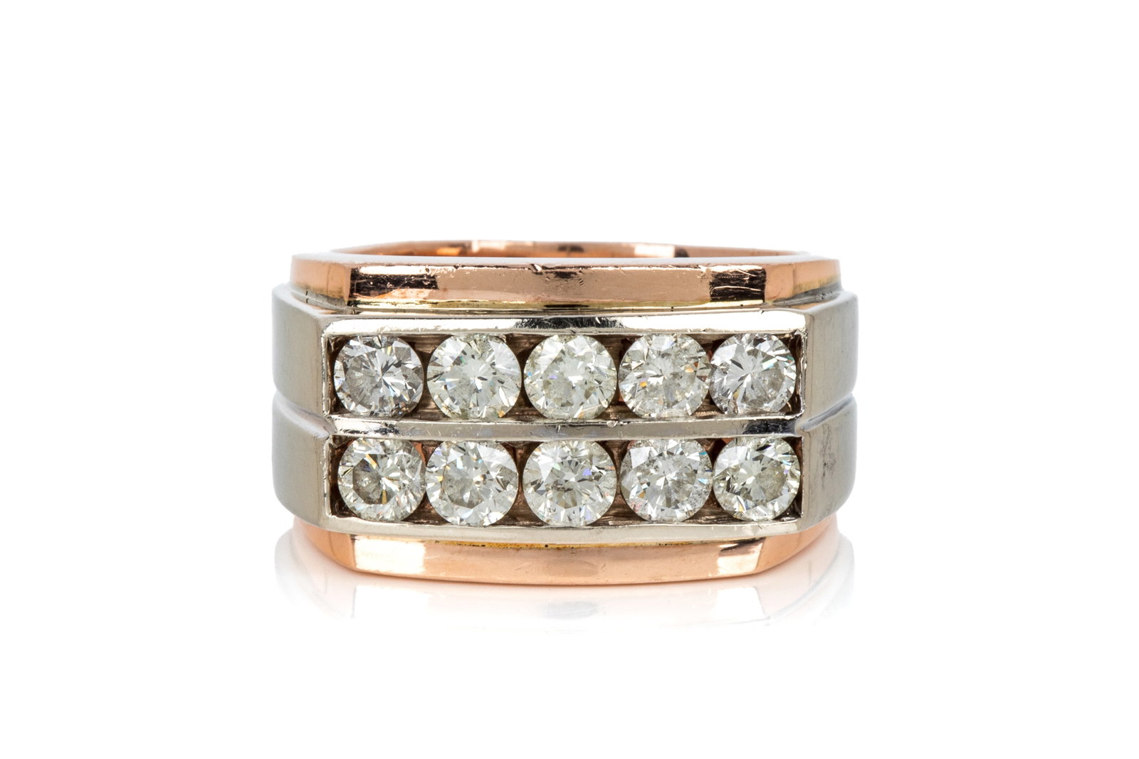 14K GENTS 2.60cttw DOUBLE ROW DIAMOND RING 26.89g: 14K rose and white gold double row channel set diamond ring measuring 14.8mm wide by 5.8mm tall. Featuring 10 round brilliant cut diamonds of SI2-I1-JK quality, measuring approximately 4.10 -4.20mm in