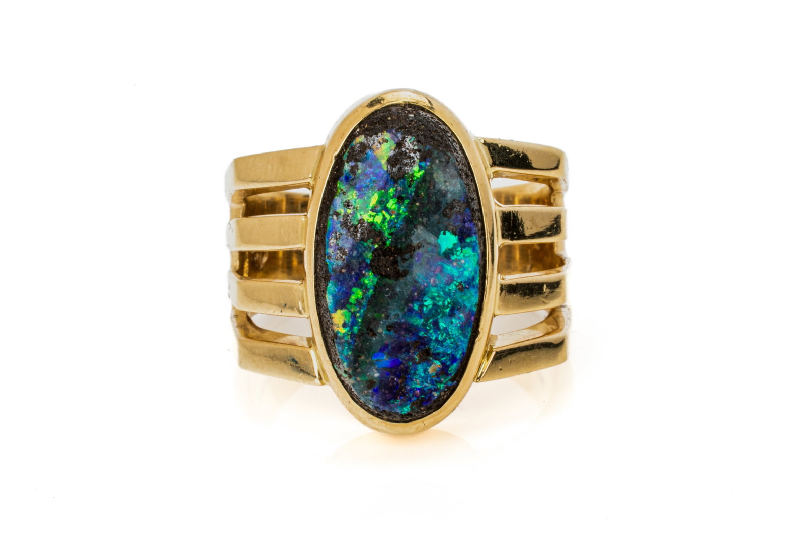18K NATURAL BOULDER OPAL RING 20.1g: Handmade 18K yellow gold ring measuring 24mm wide featuring a bezel set uncapped boulder opal on ironstone host rock, measuring approximately 22.5 x 12mm, with blue background colour and blue,green an