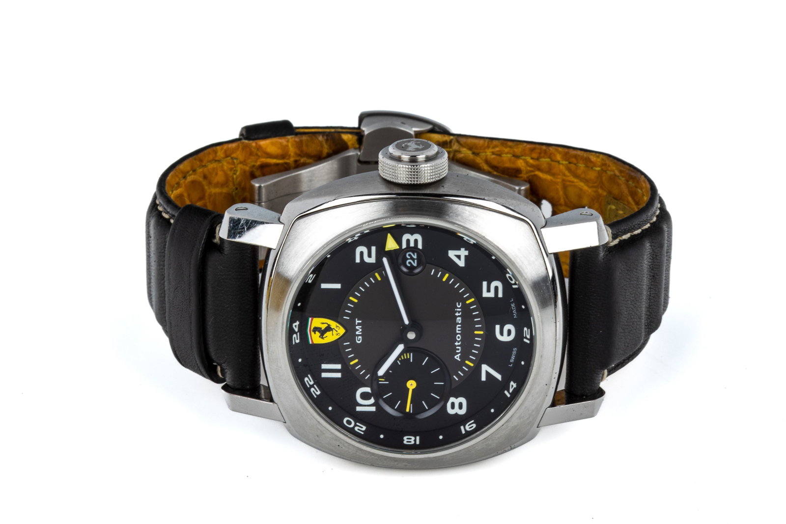 PANERAI FERRARI SCUDERIA GMT w BOX, SPARE STRAP: Panerai for Ferrari Scuderia GMT FER00009, numbered F6655 BB 1187291 F A105 750 stainless steel automatic Swiss made watch. Featuring Panerai's classic cushion shaped case measuring56.4mm (lug to lug)